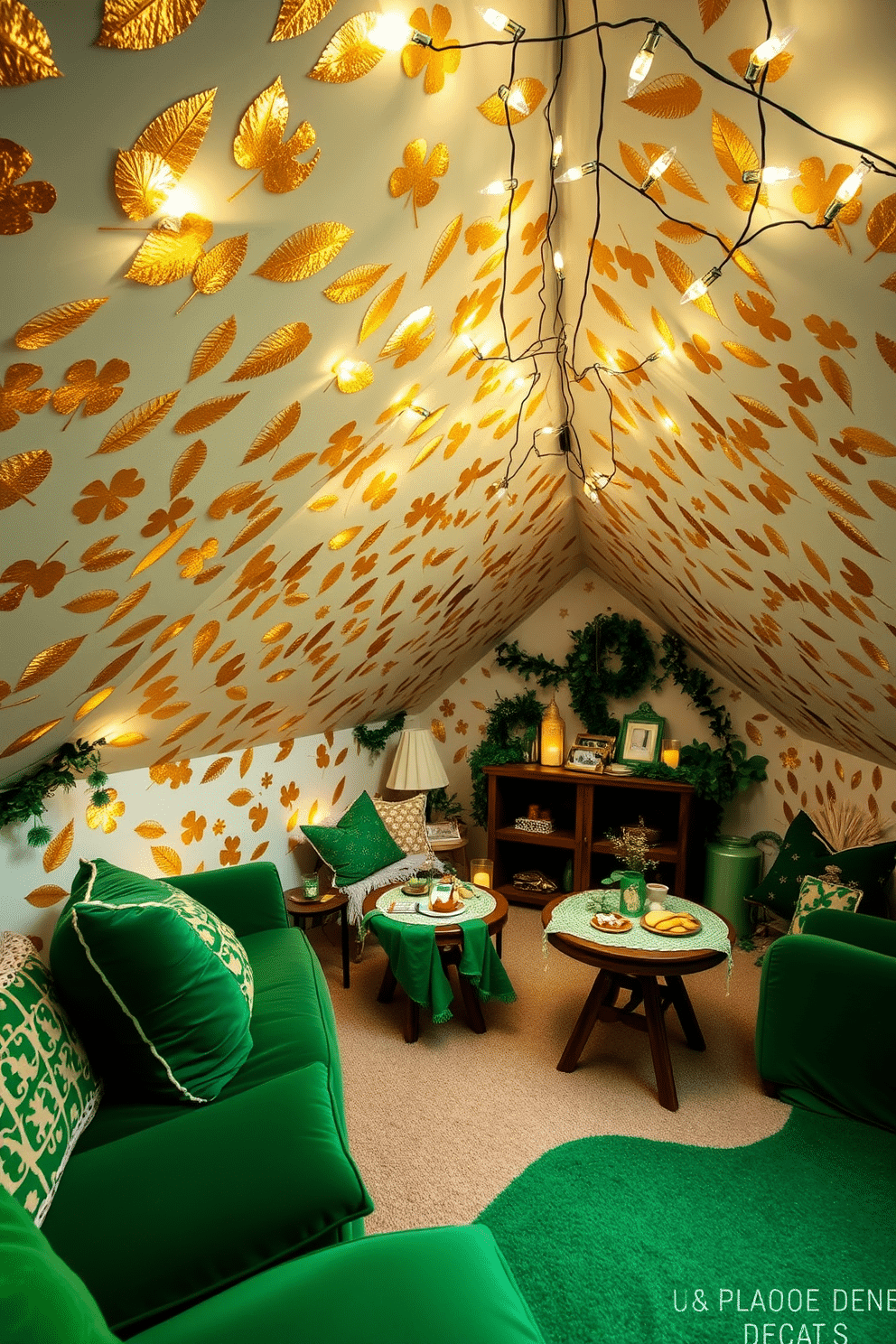 A whimsical attic space adorned with gold leaf wall decals that shimmer in the soft light. The decals create an enchanting backdrop for a cozy St. Patrick's Day celebration, featuring green and gold decorations throughout the room. A charming seating area invites guests to relax, with plush green cushions and a festive table set for holiday treats. Twinkling fairy lights drape across the ceiling, enhancing the magical atmosphere for a memorable gathering.