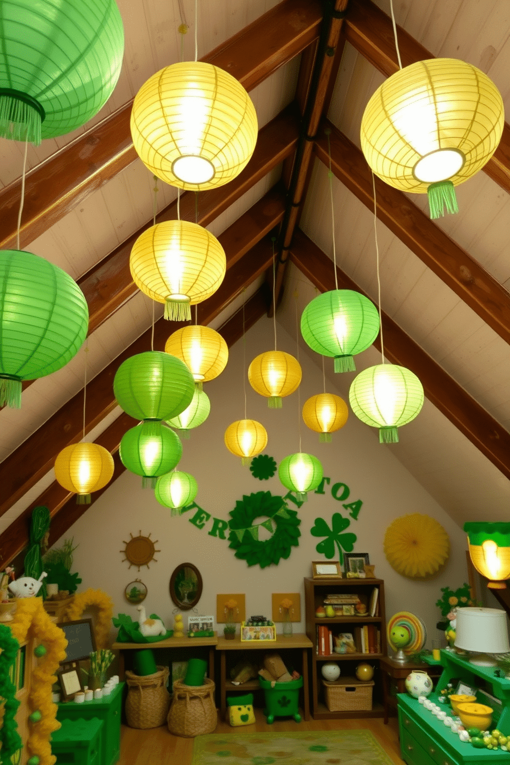 A whimsical attic space adorned with green and gold paper lanterns, creating a festive atmosphere for St. Patrick's Day. The lanterns hang from exposed wooden beams, casting a warm glow over the room filled with vibrant decorations and playful accents.