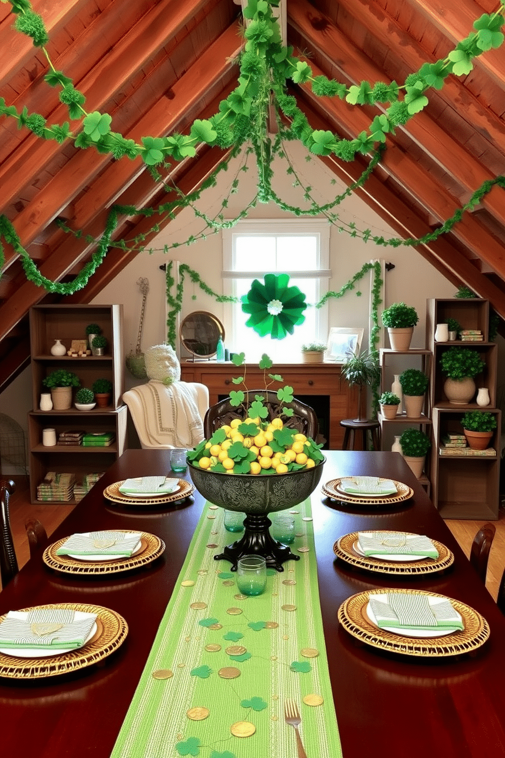 A festive St. Patrick’s Day centerpiece featuring a vibrant green table runner adorned with gold and white accents. At the center, a large, decorative bowl filled with shamrocks and golden coins adds a touch of whimsy and celebration. A cozy attic space transformed for St. Patrick’s Day with whimsical garlands of green and gold hanging from the rafters. Vintage wooden crates serve as unique display stands for potted shamrocks and themed decor, creating a charming and inviting atmosphere.