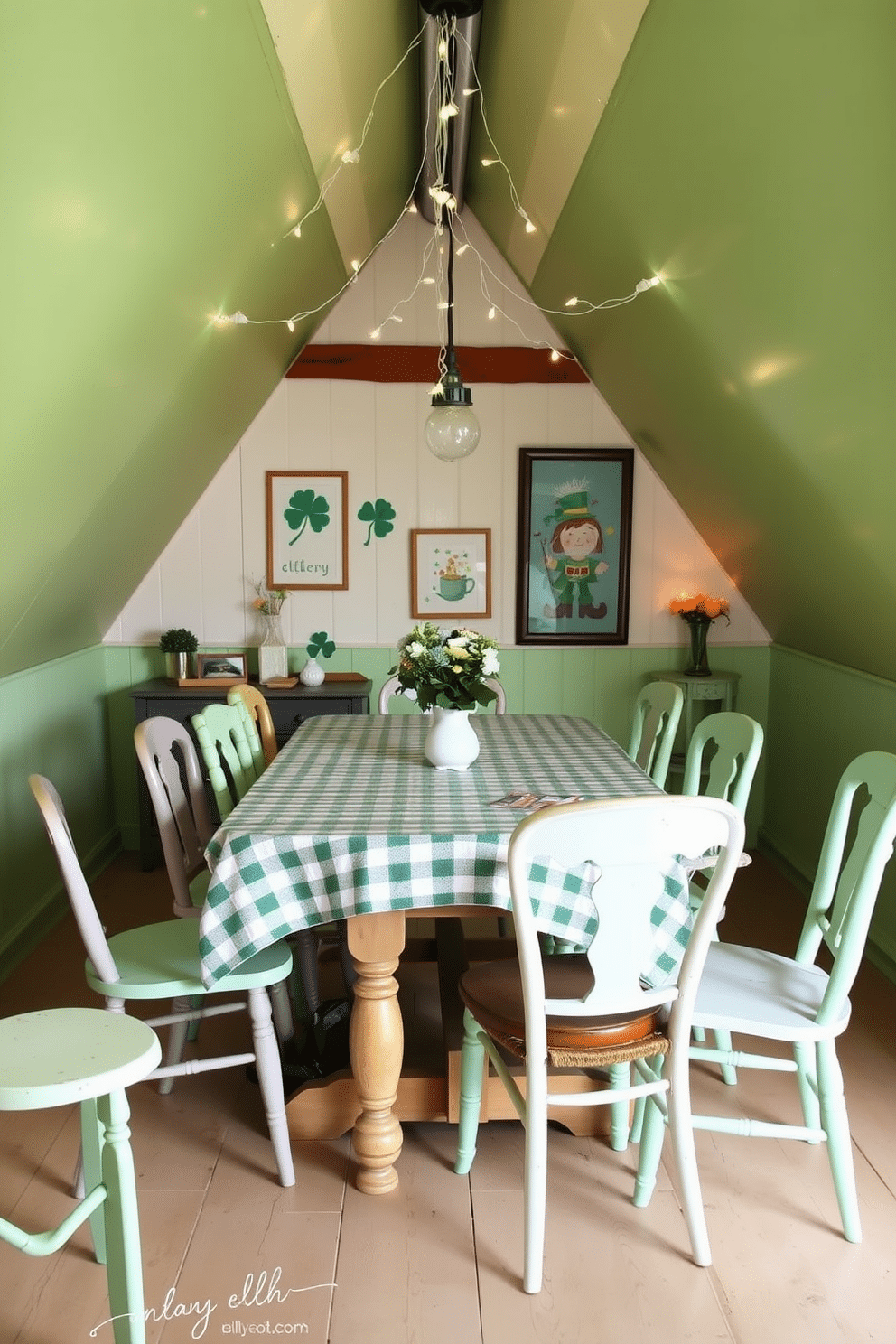 A charming attic dining space adorned with a green and white checkered tablecloth draped over a rustic wooden table. Surrounding the table are mismatched vintage chairs, each painted in pastel shades, creating a whimsical atmosphere perfect for a St. Patrick's Day gathering. Hanging from the sloped ceiling are delicate string lights that cast a warm glow over the room. The walls are decorated with playful St. Patrick's Day-themed art, including shamrocks and leprechauns, enhancing the festive spirit of the space.