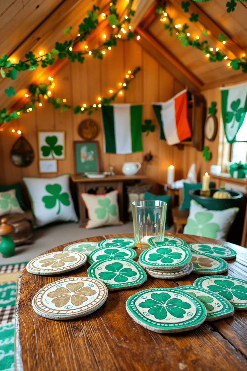 A cozy attic space decorated for St. Patrick's Day features a collection of Irish-themed coasters displayed on a rustic wooden table. The coasters, adorned with Celtic designs and vibrant green hues, complement the warm, inviting atmosphere of the room. The walls are adorned with festive garlands of shamrocks and twinkling fairy lights, creating a cheerful ambiance. Vintage Irish flags and handcrafted decorations add a touch of authenticity to the overall decor, making it a perfect gathering spot for celebrating the holiday.