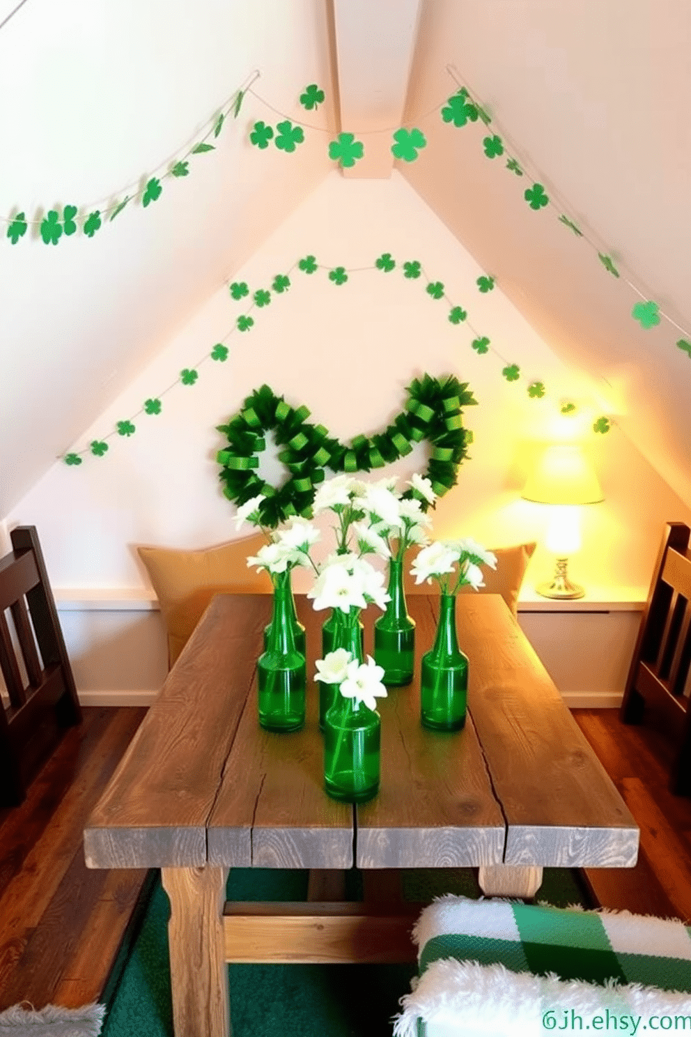 A cozy attic space adorned for St. Patrick's Day, featuring a rustic wooden table set with vibrant green glass vases filled with fresh white flowers. The walls are decorated with playful shamrock garlands, and soft, warm lighting enhances the festive atmosphere, creating a welcoming nook perfect for celebration.