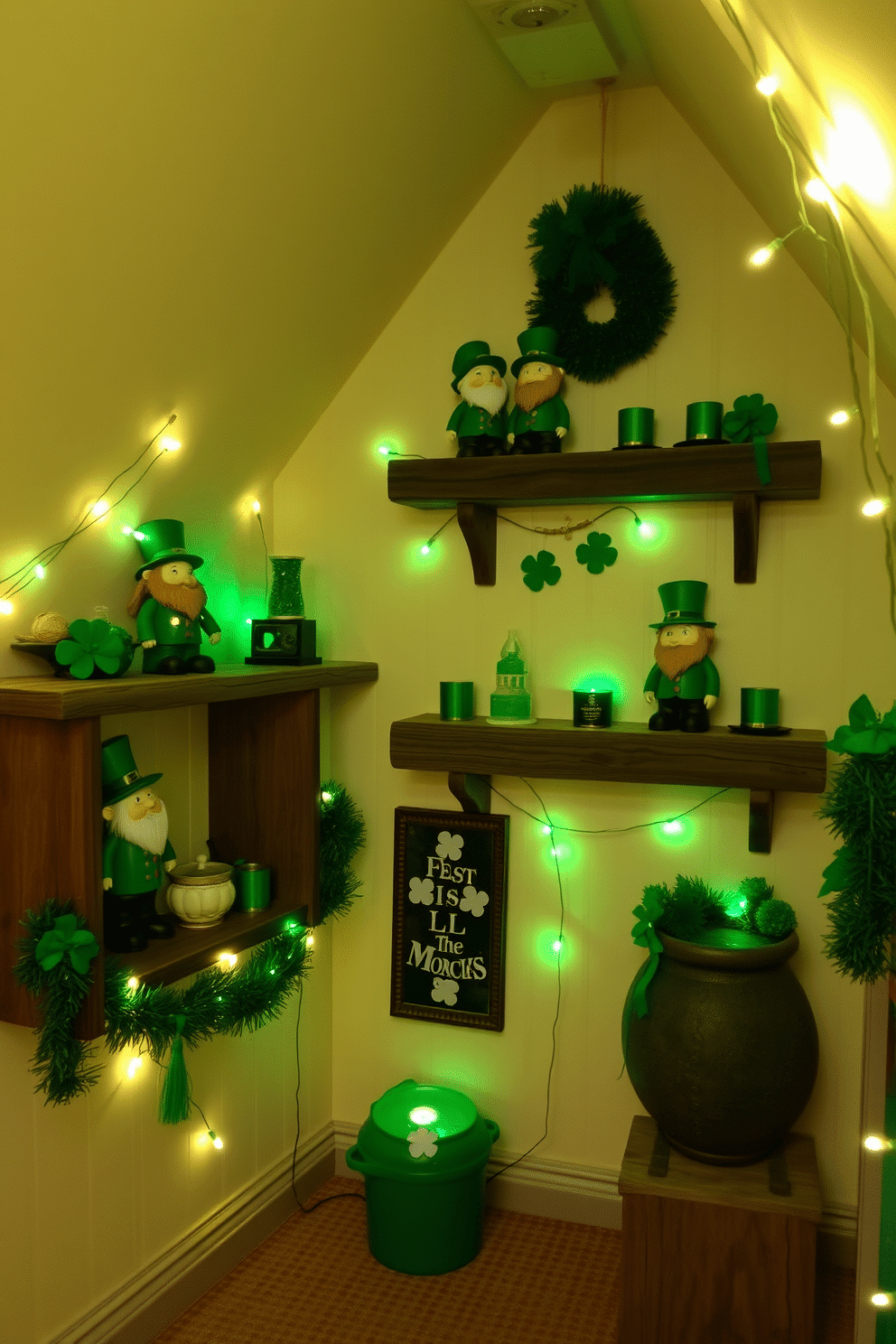 A whimsical attic space adorned for St. Patrick's Day, featuring charming leprechaun figurines arranged on rustic wooden shelves. The walls are painted a soft cream, creating a warm backdrop for vibrant green decorations and twinkling fairy lights that enhance the festive atmosphere.