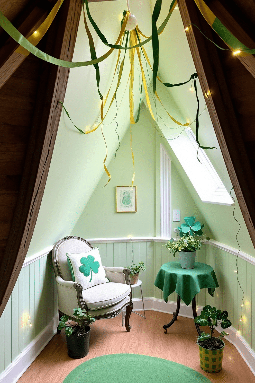 A cozy attic space adorned for St. Patrick's Day features soft green walls that complement the rustic wooden beams. Delicate gold and green ribbon accents drape elegantly across the ceiling and around the windows, adding a festive touch. A charming seating area is created with a vintage armchair and a small table, both decorated with themed cushions and a green tablecloth. Fresh shamrock plants in decorative pots enhance the atmosphere, while twinkling fairy lights cast a warm glow throughout the room.