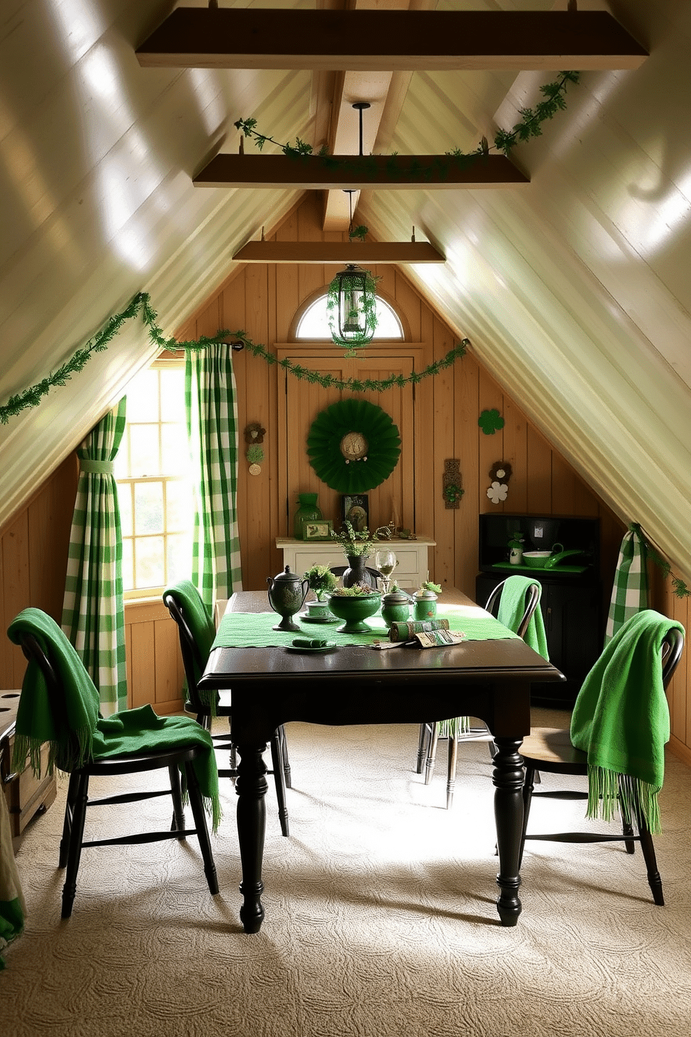 A cozy attic space adorned with green and white striped curtains that gently filter the daylight, creating a cheerful atmosphere. The walls are decorated with whimsical St. Patrick's Day decorations, including shamrocks and festive garlands, enhancing the holiday spirit. A vintage wooden table is set in the center, adorned with a vibrant green tablecloth and an array of charming St. Patrick's Day-themed centerpieces. Surrounding the table are mismatched chairs, each draped with small green throws for added warmth and comfort.