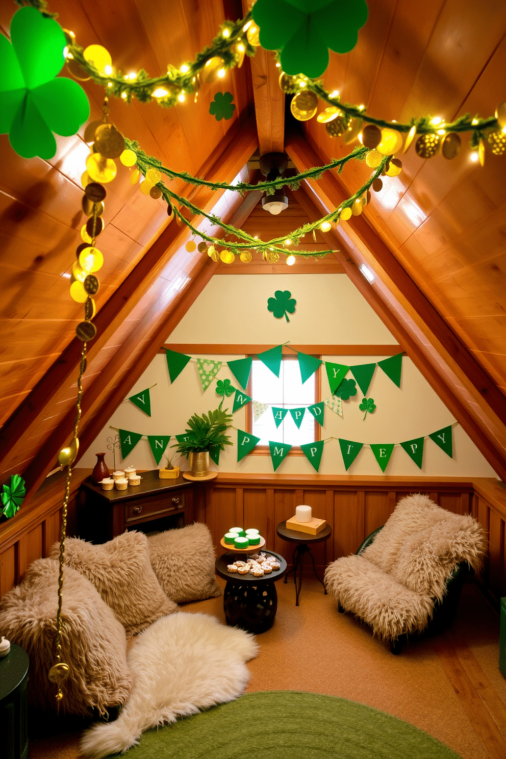 A whimsical attic space decorated for St. Patrick's Day features gold coin garlands draped across the wooden beams, shimmering in the soft light. The walls are adorned with green and white bunting, and a cozy seating area is set up with plush cushions and a small table displaying festive treats.