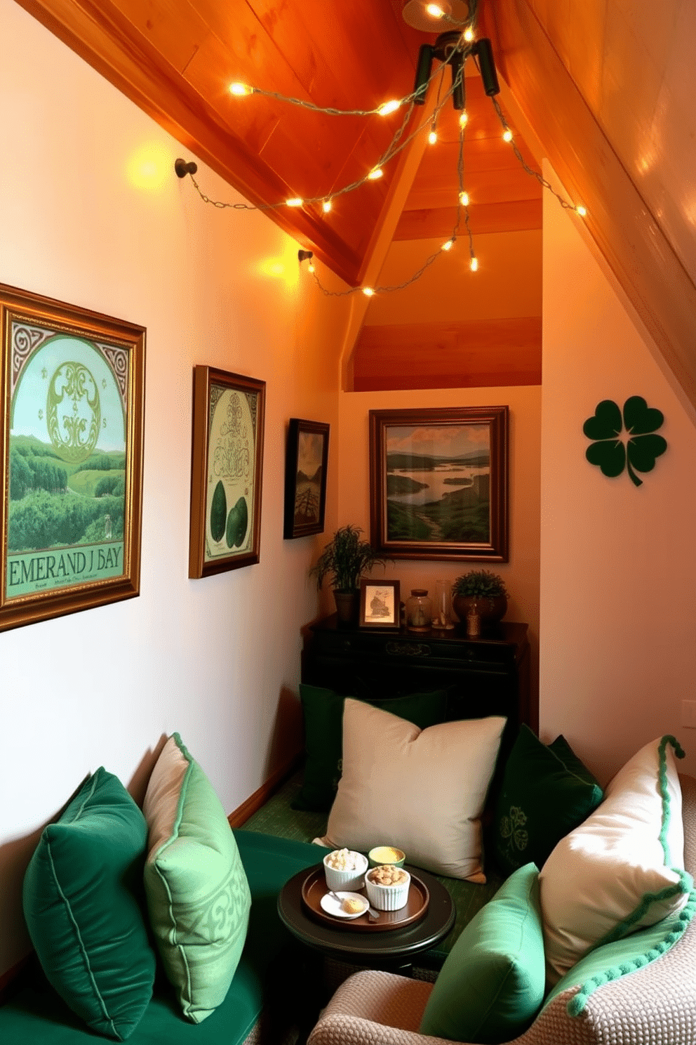 A cozy attic space adorned with Irish-themed wall art, featuring vibrant green and gold accents. The walls display framed prints of Celtic designs and landscapes of the Emerald Isle, creating a festive atmosphere for St. Patrick's Day celebrations. A charming seating area is arranged with plush cushions in shades of green and cream, inviting guests to relax and enjoy the decor. String lights twinkle overhead, adding a warm glow to the space, while a small table holds traditional Irish treats and drinks.