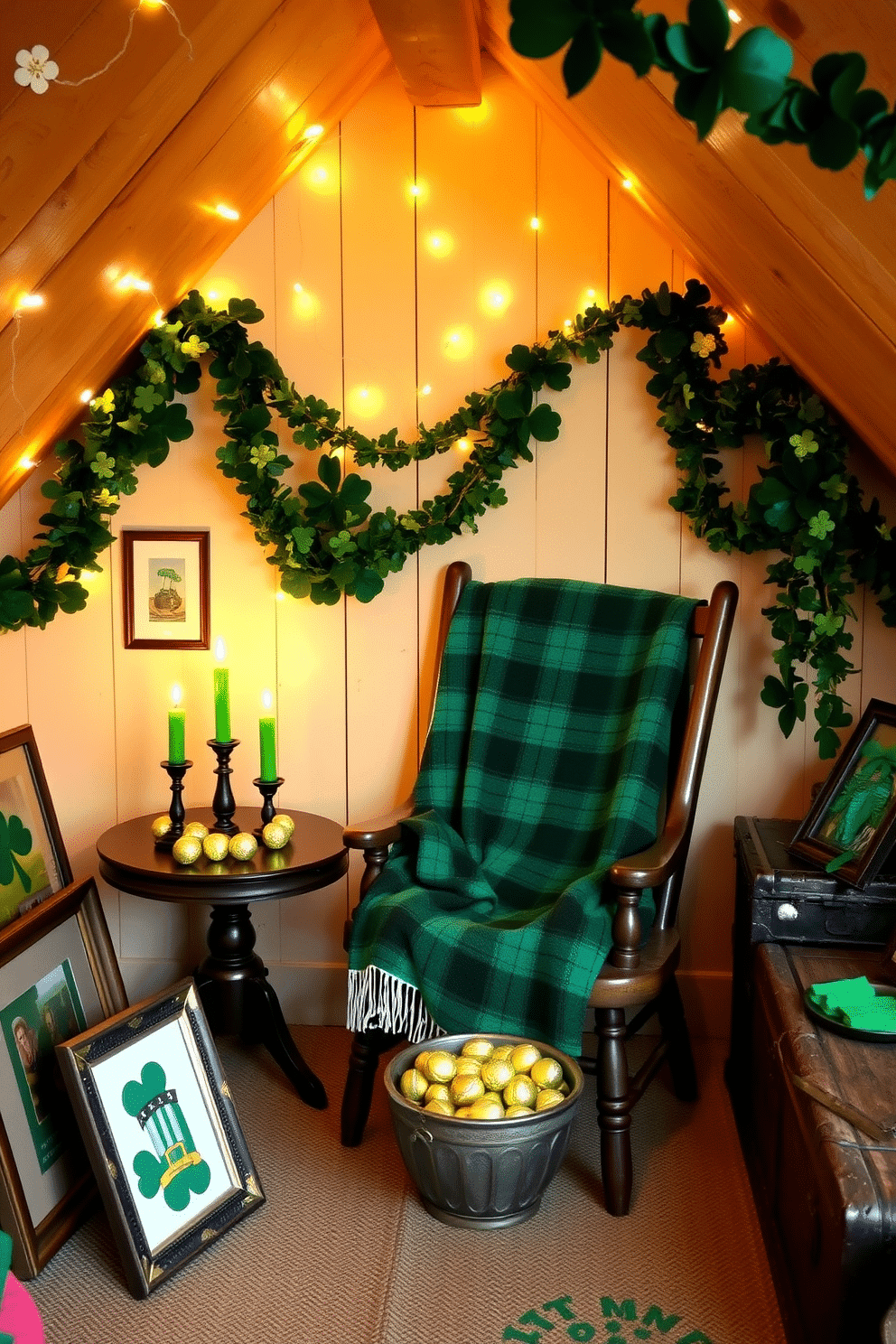 A cozy attic space adorned for St. Patrick's Day features green plaid blankets draped over a rustic wooden chair. The walls are decorated with shamrock garlands and twinkling fairy lights, creating a warm and inviting atmosphere. In one corner, a small table is set with a festive centerpiece of green candles and a bowl of gold-wrapped chocolate coins. Vintage Irish-themed decor, such as framed prints and a weathered trunk, adds character to the charming attic setting.