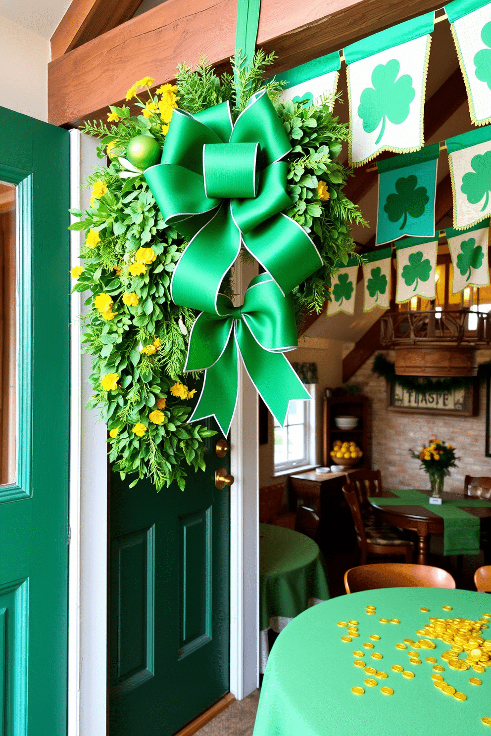 A vibrant St. Patrick’s Day wreath adorns the front door, crafted from fresh green foliage and accented with cheerful yellow flowers and small golden ornaments. The wreath features a large, festive bow in rich emerald green, symbolizing luck and celebration. In the attic, the decor embraces a cozy, whimsical charm for St. Patrick’s Day. Vintage-inspired banners with shamrocks hang from the beams, while tables are adorned with green tablecloths and scattered gold coins, creating a festive atmosphere perfect for gathering.