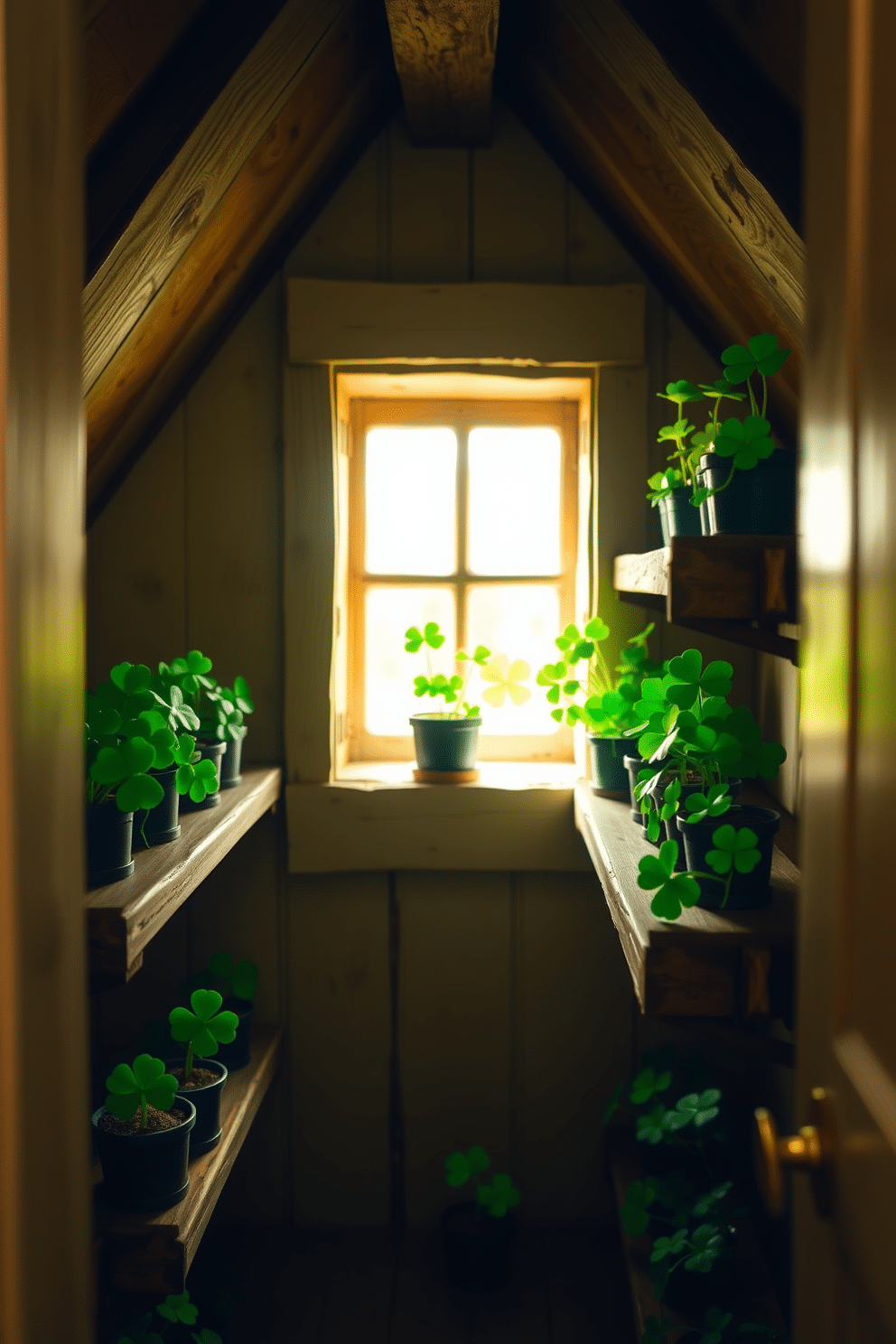 A charming attic space adorned for St. Patrick's Day features an array of miniature potted clovers placed on rustic wooden shelves. Soft, warm lighting filters through a small window, casting a gentle glow on the vibrant green leaves and enhancing the festive atmosphere.