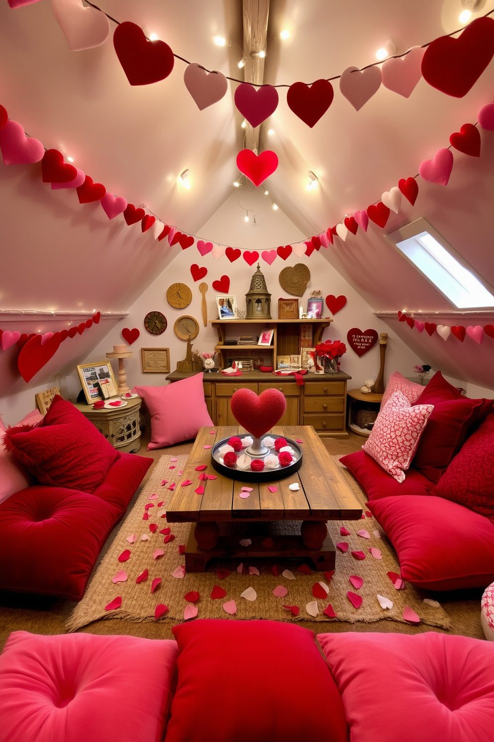 A cozy attic space adorned with red and white heart garlands, creating a festive atmosphere for Valentine's Day. Soft fairy lights twinkle above, illuminating the charming nooks filled with vintage decor and handmade crafts. A rustic wooden table is set in the center, decorated with a heart-shaped centerpiece and scattered rose petals. Plush cushions in various shades of red and pink invite guests to relax and enjoy the romantic ambiance.