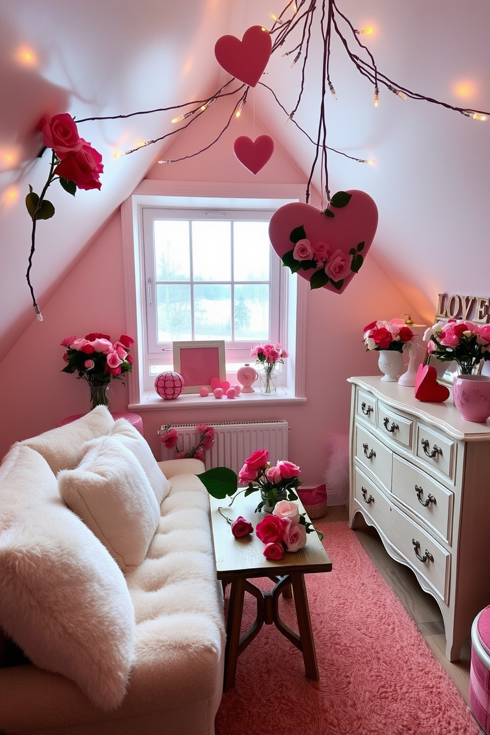 A charming attic space adorned for Valentine's Day, featuring a cozy seating area with plush cushions and a small wooden table. Delicate floral arrangements with vibrant roses in varying shades of pink and red are artfully displayed throughout the room, enhancing the romantic atmosphere. The walls are painted in soft pastels, and string lights drape across the ceiling, casting a warm glow. A vintage dresser holds an assortment of heart-shaped decorations, while a large window offers a picturesque view of the snowy landscape outside.