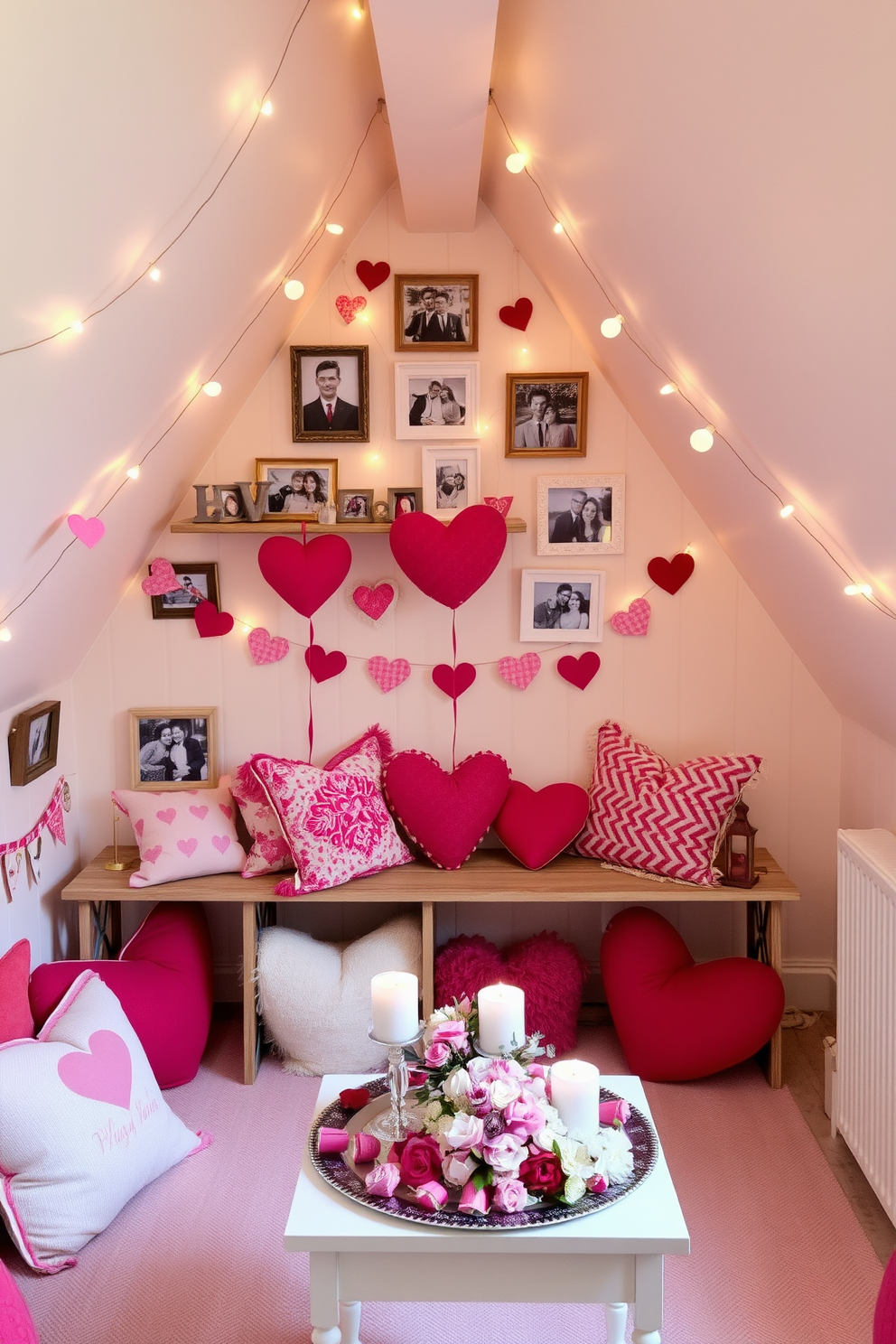 A cozy attic space adorned with heart-themed photo frames, showcasing cherished memories in a whimsical display. The walls are painted in soft pastels, and string lights add a warm glow, creating an inviting atmosphere perfect for Valentine's Day. Vintage wooden shelves hold an assortment of decorative items, including heart-shaped pillows and garlands made of fabric hearts. A small table is set with a romantic centerpiece, featuring candles and fresh flowers, enhancing the festive spirit of the space.