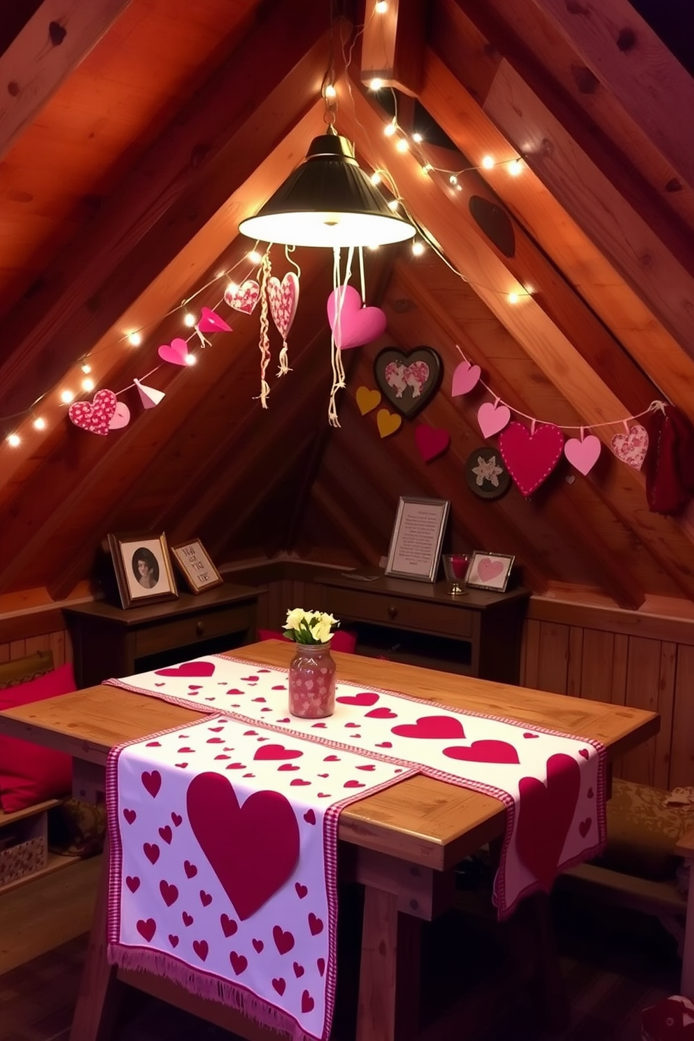 A cozy attic space is adorned with heart-patterned table runners draped elegantly over a rustic wooden table. Soft fairy lights twinkle above, casting a warm glow, while vintage Valentine’s Day decorations, such as framed love notes and heart-shaped garlands, hang from the beams.