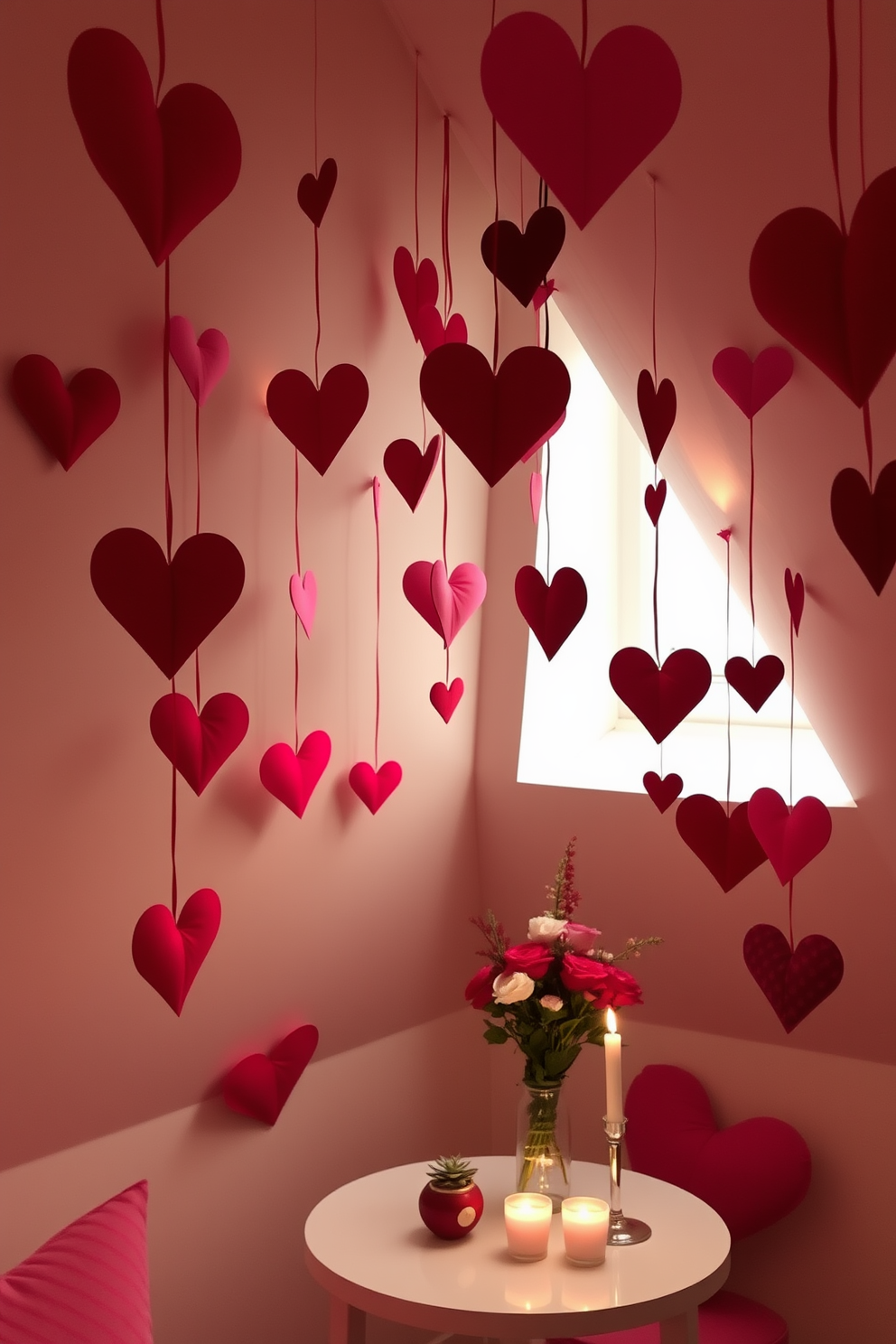 A cozy attic space adorned with hanging heart decorations in various shades of red and pink. The hearts are crafted from paper and fabric, suspended from the sloped ceiling, creating a whimsical atmosphere perfect for Valentine's Day. Soft, ambient lighting casts a warm glow over the room, enhancing the romantic vibe. A small table is set with heart-themed decor, including candles and a bouquet of fresh flowers, inviting guests to relax and enjoy the festive spirit.