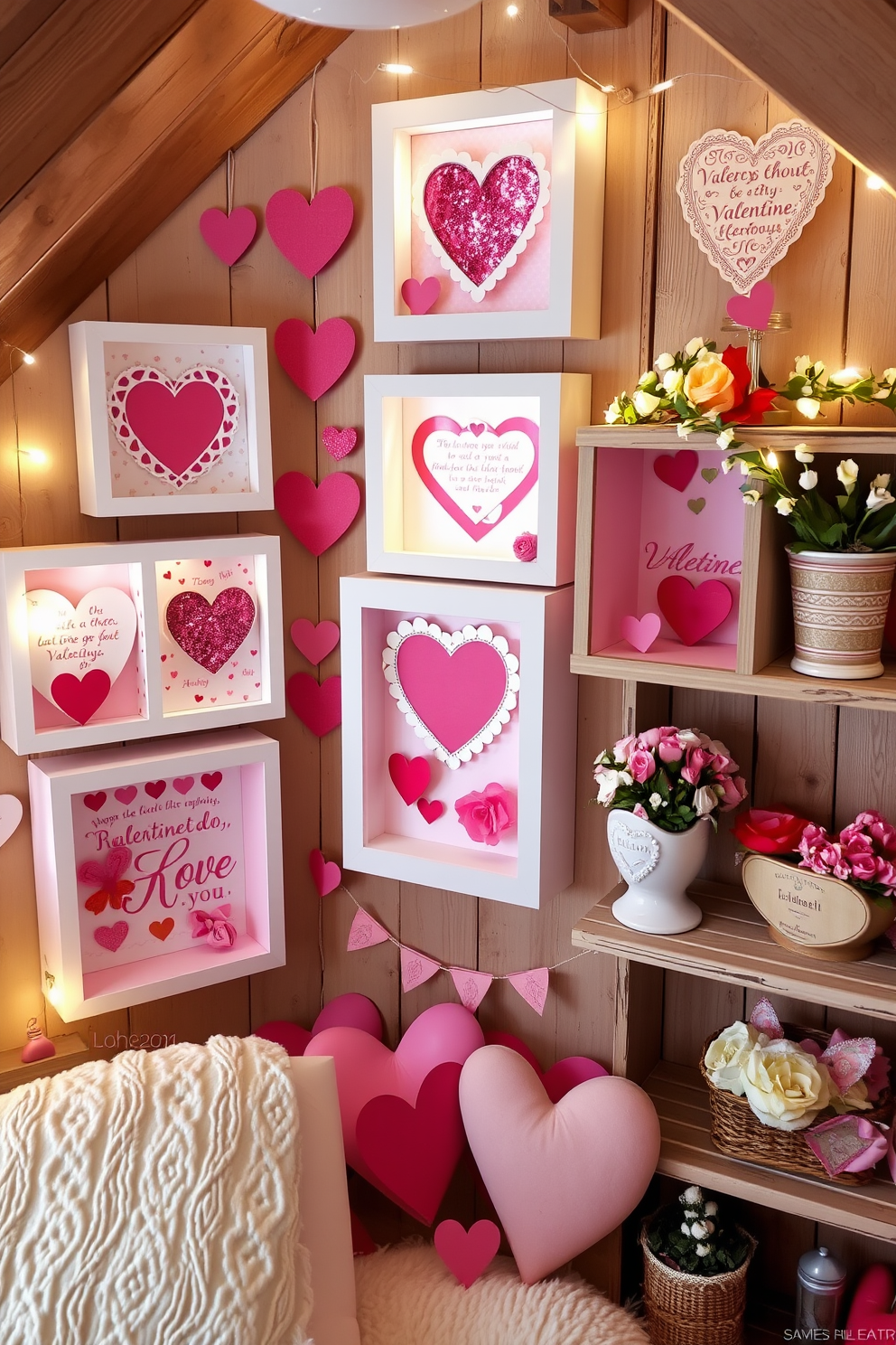 A whimsical display of Valentine-themed shadow boxes featuring intricate paper cutouts and vibrant heart motifs. Each box is adorned with a mix of soft pastel colors, glitter accents, and romantic quotes, creating a charming focal point for any room. A cozy attic space transformed for Valentine's Day, showcasing vintage-inspired decorations and handmade crafts. Soft fairy lights illuminate the area, while rustic wooden shelves display heart-shaped garlands and delicate floral arrangements, evoking a warm and inviting atmosphere.