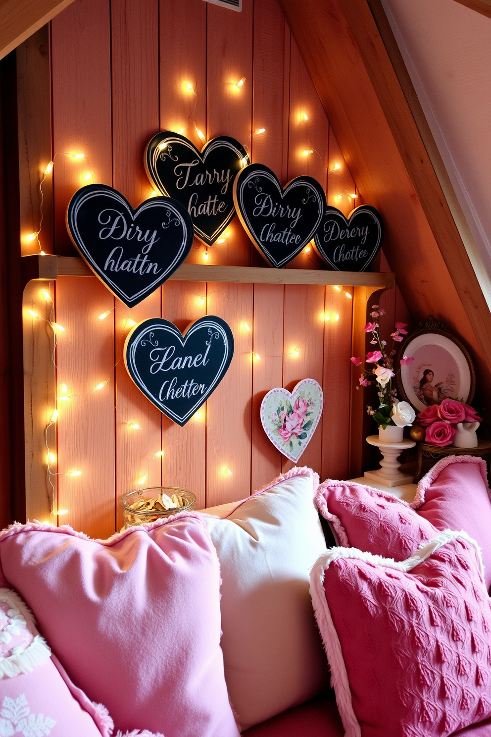 Heart-shaped chalkboard signs are elegantly arranged on a rustic wooden shelf, each adorned with whimsical white chalk lettering. Surrounding the signs are delicate fairy lights that create a warm, inviting glow, perfect for a cozy Valentine's Day atmosphere. In the attic, vintage-inspired decorations are thoughtfully placed, featuring soft pastel colors and charming floral accents. Plush cushions and throws in shades of pink and red invite guests to relax and enjoy the romantic ambiance of the space.