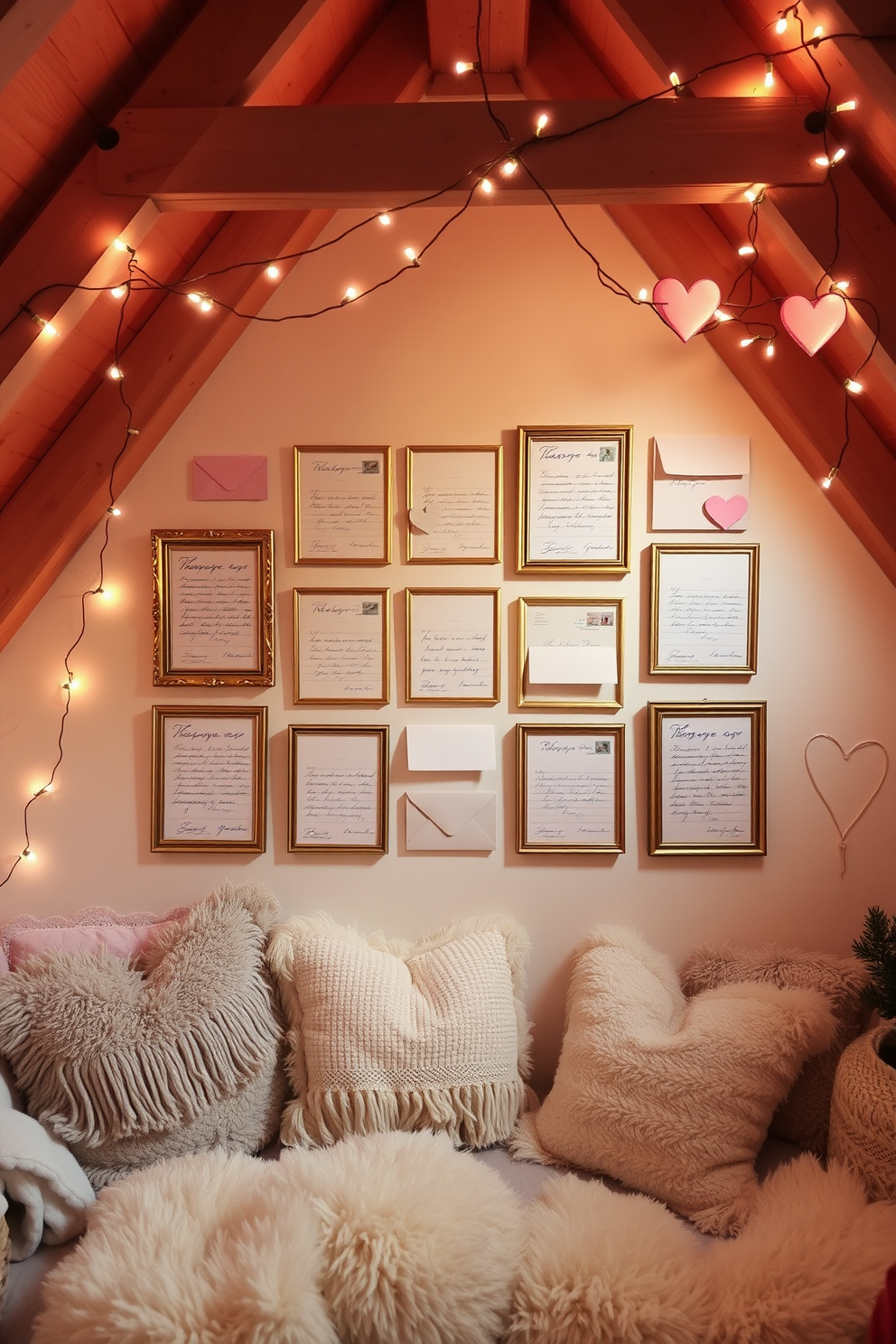 A romantic love letter wall art display featuring an elegant arrangement of vintage envelopes and handwritten letters in a soft, pastel color palette. The letters are framed in ornate gold frames and hung in a gallery style against a light cream wall, creating a warm and inviting atmosphere. An enchanting attic space decorated for Valentine's Day, with cozy seating adorned with plush cushions and soft throws. Twinkling fairy lights drape across the beams, and heart-shaped garlands hang from the rafters, creating a whimsical and intimate setting perfect for celebrating love.