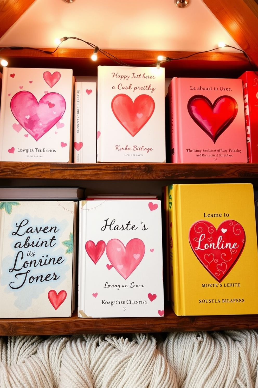 A collection of heart-themed book covers featuring various artistic styles, including watercolor, minimalist, and vintage designs. Each cover showcases a unique heart motif, with vibrant colors and playful typography that evoke a sense of love and romance. Charming attic Valentine's Day decorating ideas that transform the space into a cozy romantic retreat. Incorporate string lights, heart-shaped garlands, and soft textiles to create an inviting atmosphere perfect for celebrating love.