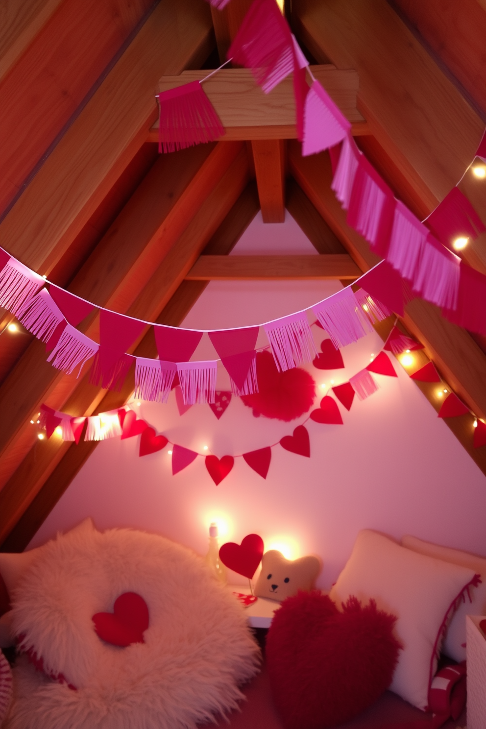 A charming attic space adorned with red and pink bunting, draped across the wooden beams, creates a festive atmosphere for Valentine's Day. Soft fairy lights twinkle along the edges, illuminating the cozy nooks filled with plush cushions and heart-shaped decor.