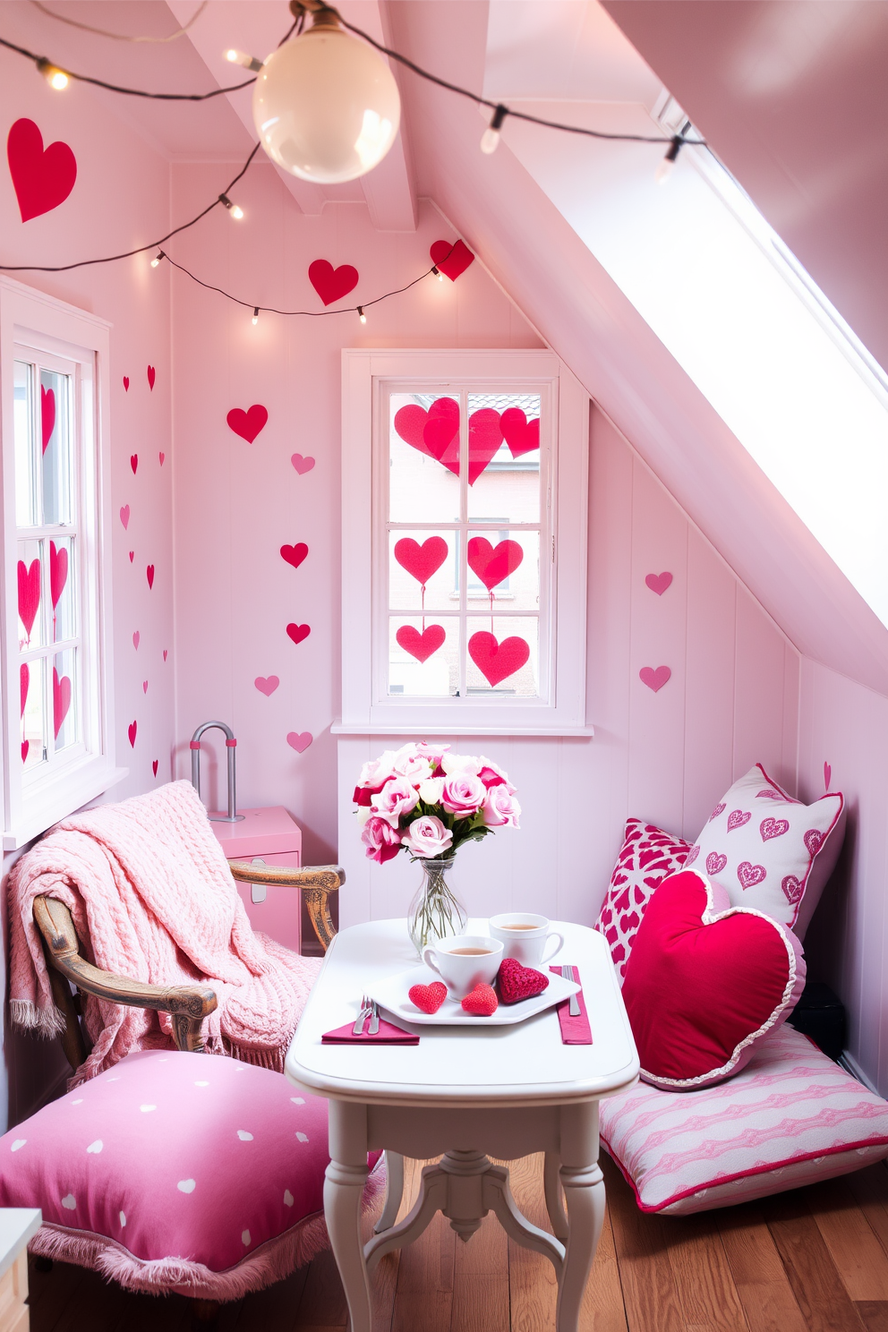 A charming attic space adorned with heart-shaped window clings, creating a whimsical atmosphere perfect for Valentine's Day. Soft pastel colors dominate the decor, with cozy blankets draped over a vintage armchair and string lights twinkling overhead. A beautifully arranged table features a bouquet of fresh flowers in shades of pink and red, complemented by heart-themed tableware. Plush cushions in various heart patterns add comfort and a festive touch to the seating area, inviting guests to relax and enjoy the romantic setting.