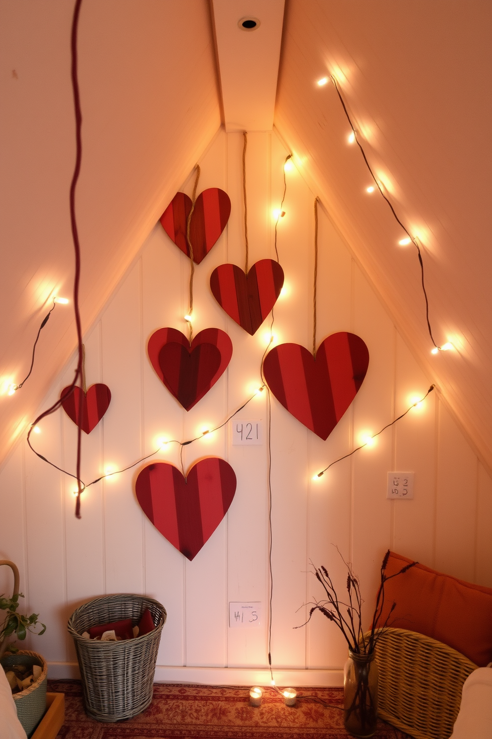 A charming attic space adorned with rustic heart wall hangings, crafted from reclaimed wood and painted in warm, earthy tones. Soft string lights drape around the hangings, casting a gentle glow that enhances the cozy atmosphere for Valentine's Day celebrations.