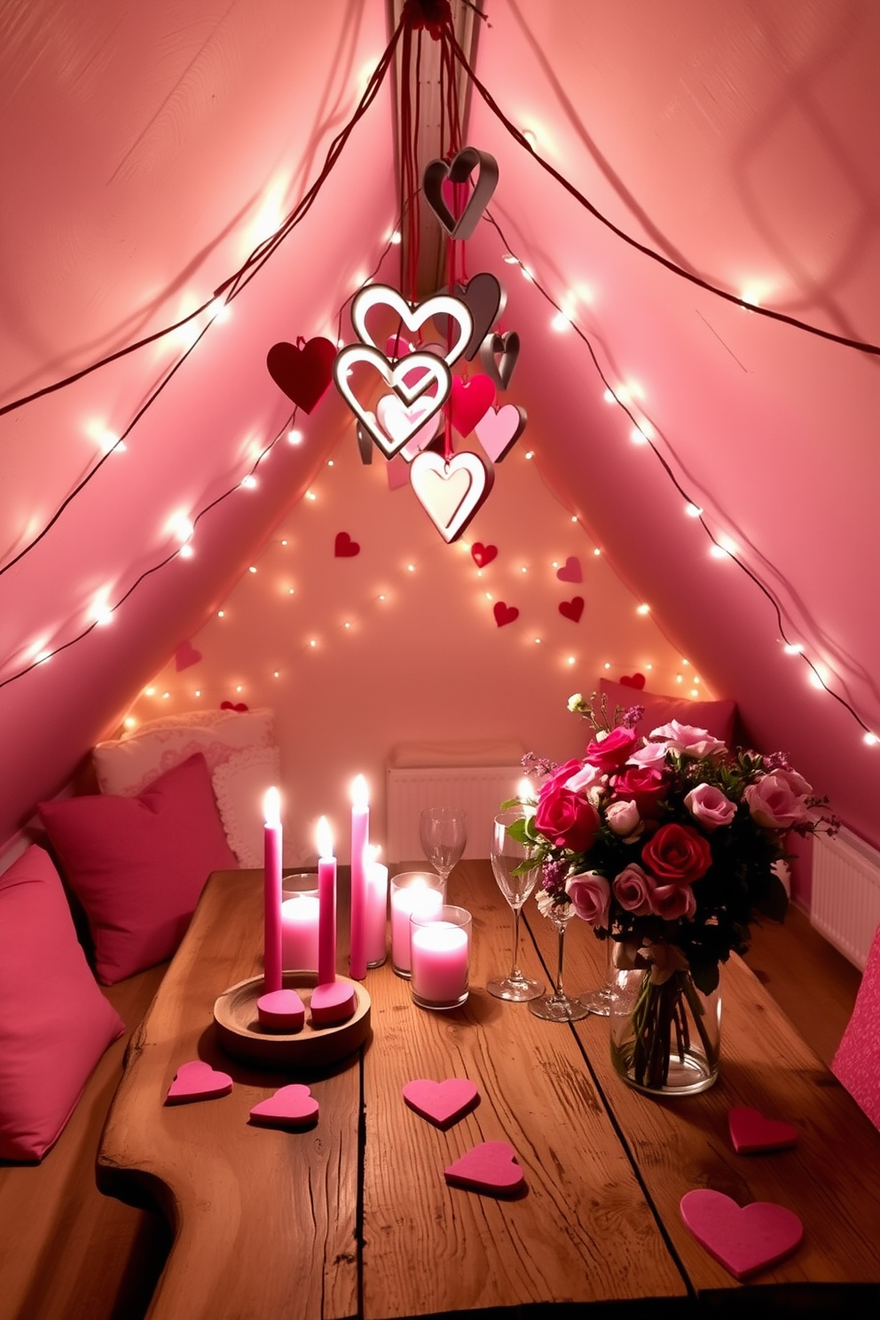 A cozy attic space decorated for Valentine's Day. Heart-shaped cookie cutters hang from the rafters, adding a whimsical touch to the romantic atmosphere. The walls are adorned with soft pastel colors, and twinkling fairy lights create a warm glow. A rustic wooden table is set with heart-themed decorations, including pink and red candles and a bouquet of fresh flowers.