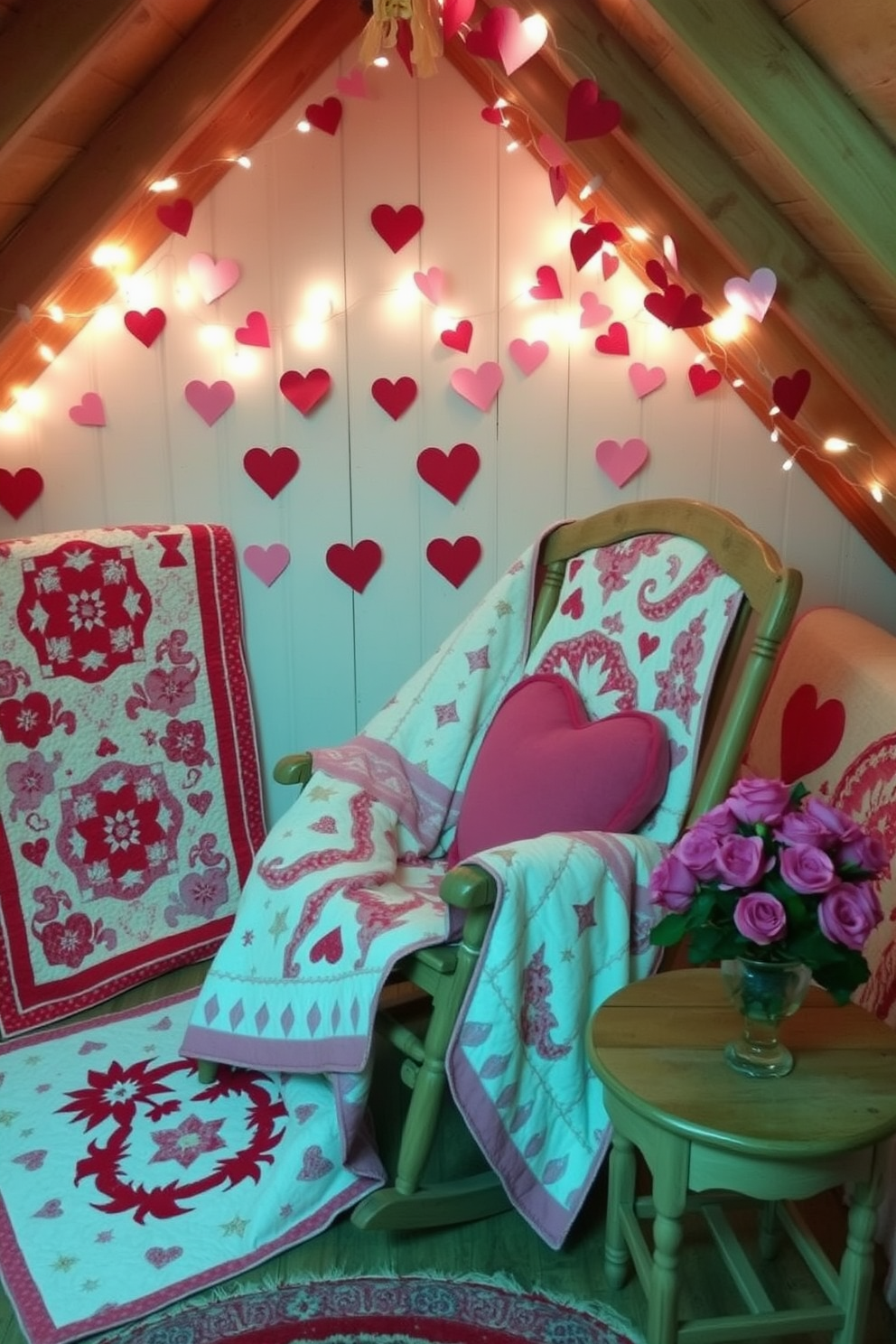 A cozy attic space adorned for Valentine's Day, featuring a collection of beautifully crafted quilts in shades of red, pink, and white. The quilts are draped over a vintage wooden rocking chair, while heart-shaped pillows add a touch of romance to the setting. The walls are decorated with handmade garlands of paper hearts, and soft fairy lights twinkle overhead, creating a warm ambiance. A small wooden table holds a vase filled with fresh roses, completing the charming Valentine's Day decor.