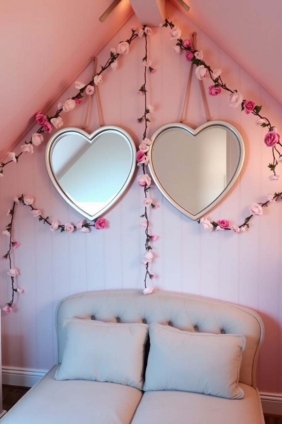 A cozy attic space adorned for Valentine's Day features heart-shaped mirrors reflecting soft, ambient lighting. The walls are draped with delicate garlands of faux flowers, and a plush love seat is positioned beneath the mirrors, inviting relaxation and romance.