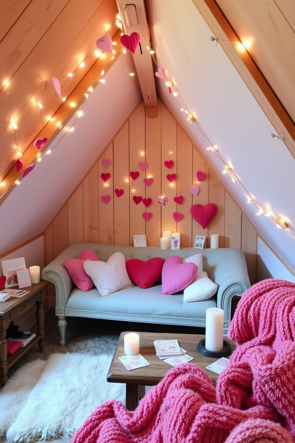 A cozy attic space is adorned for Valentine's Day with DIY heart-shaped pillows scattered across a vintage chaise lounge. Soft fairy lights twinkle overhead, illuminating the warm wooden beams and creating an inviting atmosphere. The walls are draped with delicate garlands of fabric hearts, while a rustic wooden table showcases a collection of handmade cards and romantic candles. Plush throws in shades of pink and red add a touch of warmth, inviting guests to relax and enjoy the festive decor.