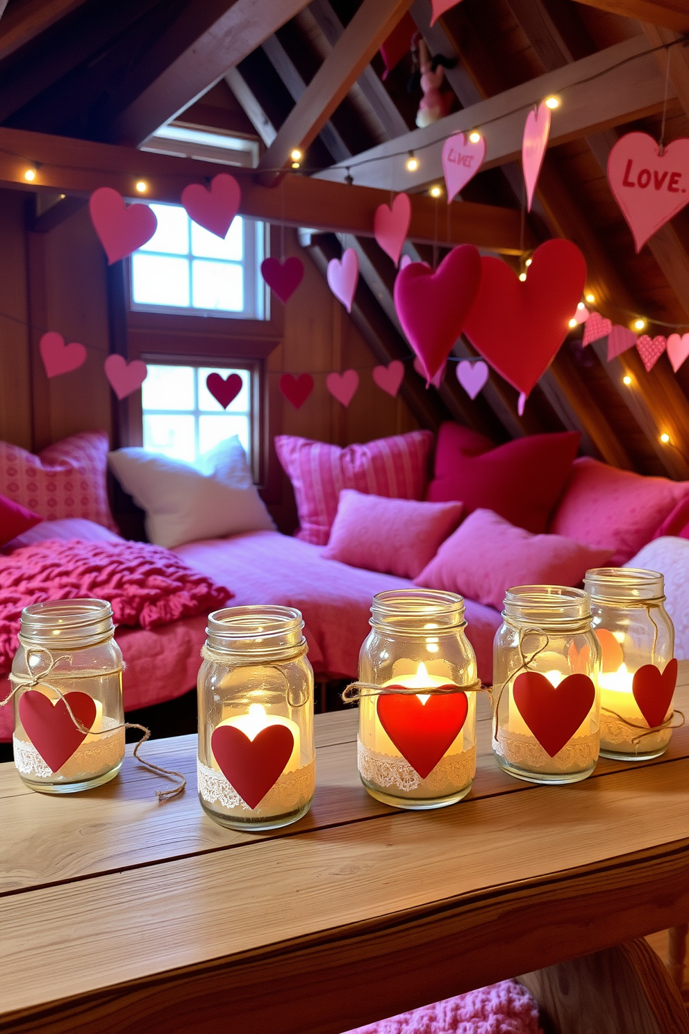 A charming display of heart-themed mason jar candles sits on a rustic wooden table, each jar adorned with twine and delicate lace. The soft glow of the candles creates a warm and inviting atmosphere, perfect for a romantic evening. The attic is transformed into a cozy Valentine's Day retreat, with whimsical decorations hanging from the beams. Plush cushions in shades of red and pink are scattered around, complemented by string lights that twinkle softly overhead.