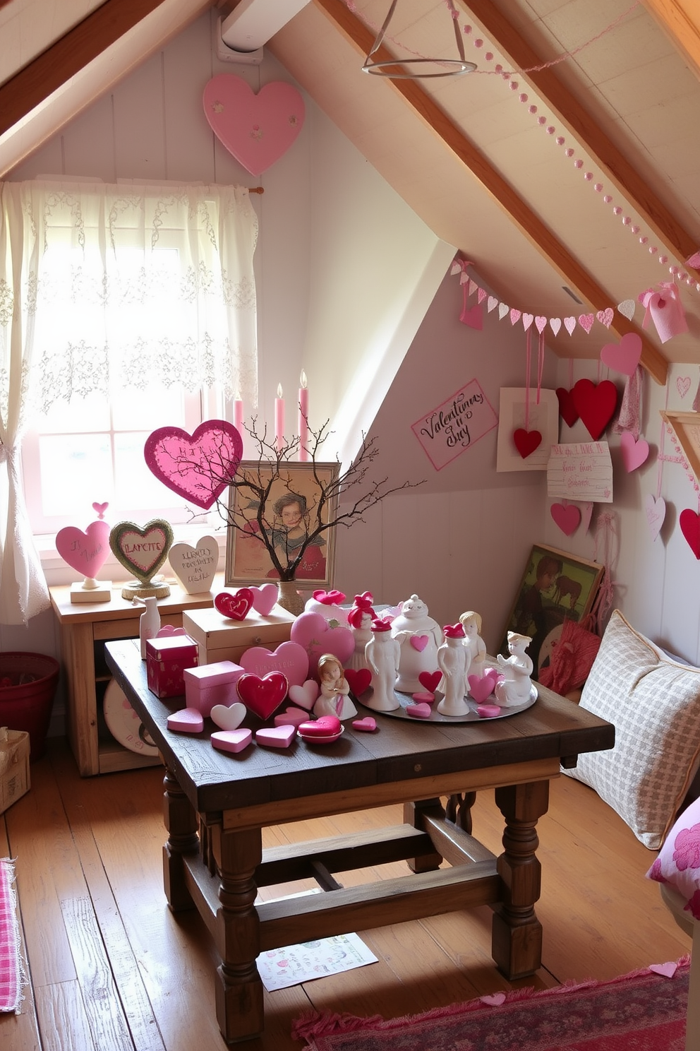 A charming attic space adorned with vintage heart-shaped trinkets. Delicate lace curtains frame the windows, allowing soft light to filter in, highlighting the romantic decorations throughout the room. On a rustic wooden table, an assortment of heart-shaped boxes and delicate porcelain figurines create a nostalgic centerpiece. The walls are adorned with pastel-colored garlands and handcrafted Valentine’s Day cards, adding a whimsical touch to the cozy atmosphere.