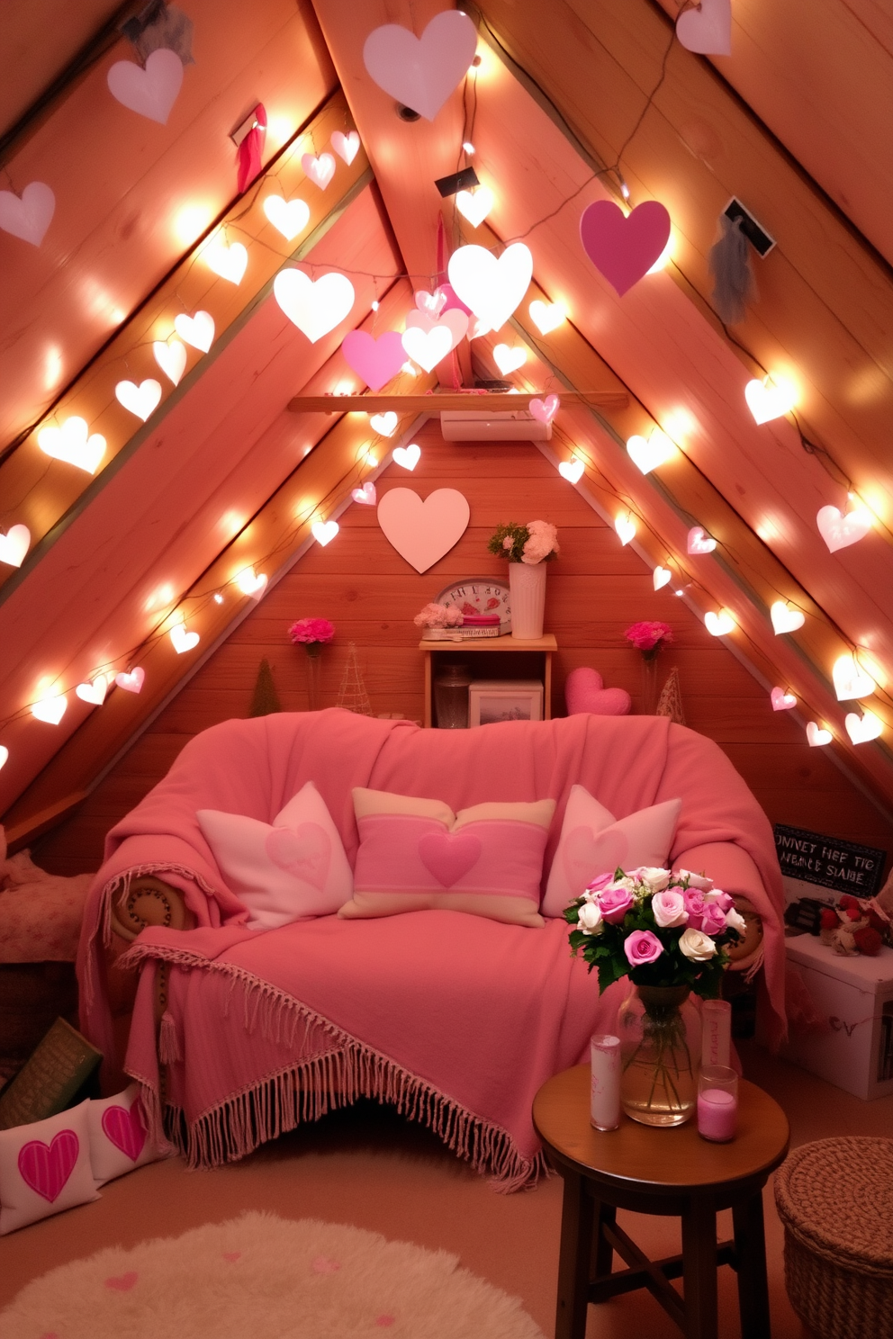 A cozy attic space adorned with heart-shaped fairy lights creates a whimsical atmosphere perfect for Valentine's Day. The soft glow of the lights illuminates the rustic wooden beams and enhances the charm of the vintage decor scattered throughout the room. In one corner, a plush seating area features a love seat draped with soft, pastel-colored throws. Decorative pillows with heart motifs add a playful touch, while a small table holds a vase filled with fresh flowers, completing the romantic setting.