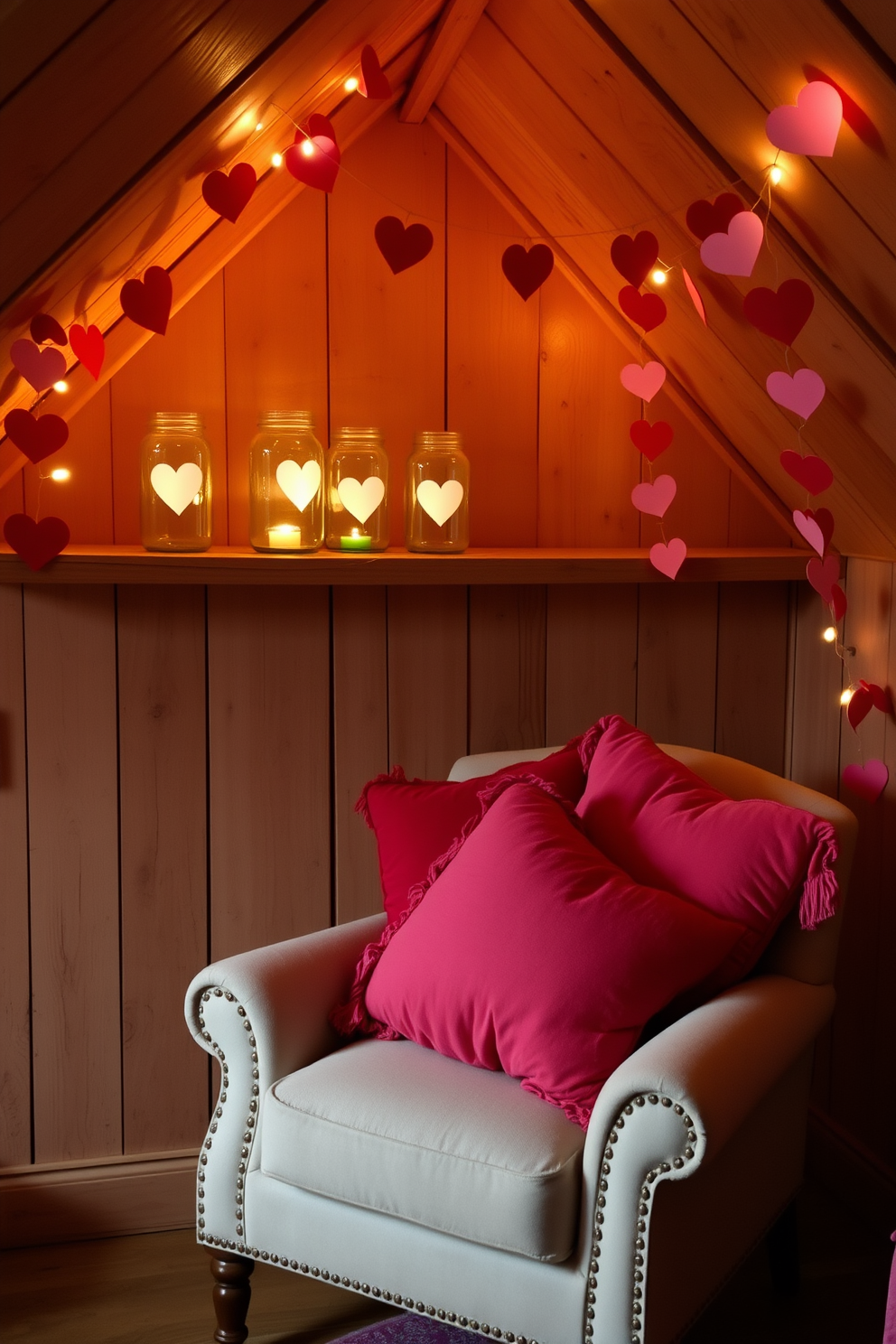 A charming attic space decorated for Valentine's Day features mason jars with heart cutouts, elegantly arranged on a rustic wooden shelf. Soft, ambient lighting casts a warm glow, enhancing the cozy atmosphere and highlighting the delicate details of the decor. The walls are adorned with whimsical garlands made of paper hearts, creating a festive backdrop for the celebration. Plush cushions in shades of red and pink are scattered across a vintage armchair, inviting guests to relax and enjoy the romantic setting.