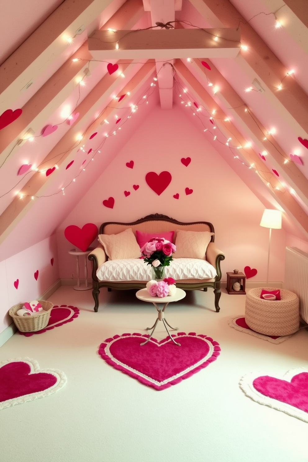 A cozy attic space adorned with heart-patterned rugs that add a whimsical touch to the decor. Soft pastel colors dominate the walls, while fairy lights drape across the exposed beams, creating a warm and inviting atmosphere for Valentine's Day. A charming seating area features a vintage loveseat covered in plush cushions, surrounded by heart-themed decorations. A small table holds a bouquet of fresh flowers in shades of pink and red, completing the romantic setting.