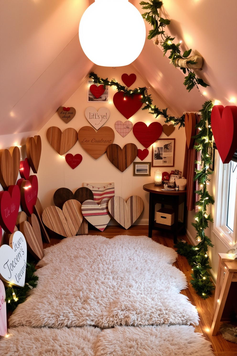 A cozy attic space adorned with rustic wooden heart signs, each uniquely crafted with varying textures and finishes. Soft, warm lighting illuminates the area, creating an inviting atmosphere perfect for Valentine's Day celebrations. The walls are decorated with a mix of vintage photographs and handmade crafts, enhancing the charming aesthetic. A plush area rug anchors the space, while whimsical garlands of greenery and twinkling fairy lights add a touch of romance.