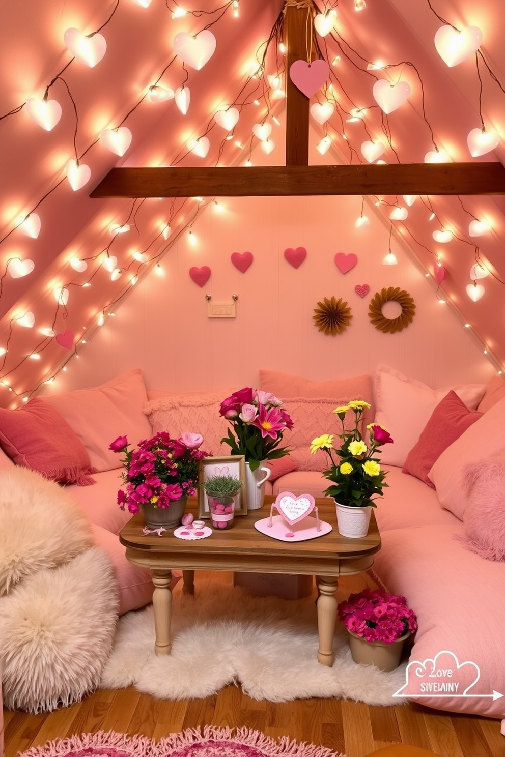 A cozy attic space adorned with whimsical string lights shaped like hearts, casting a warm and inviting glow. The walls are lined with soft, pastel-colored decorations, while plush cushions and blankets create a romantic nook for relaxation. A vintage wooden table is set up in the center, decorated with heart-themed crafts and sweet treats. Potted plants with vibrant flowers add a touch of freshness to the charming Valentine's Day atmosphere.