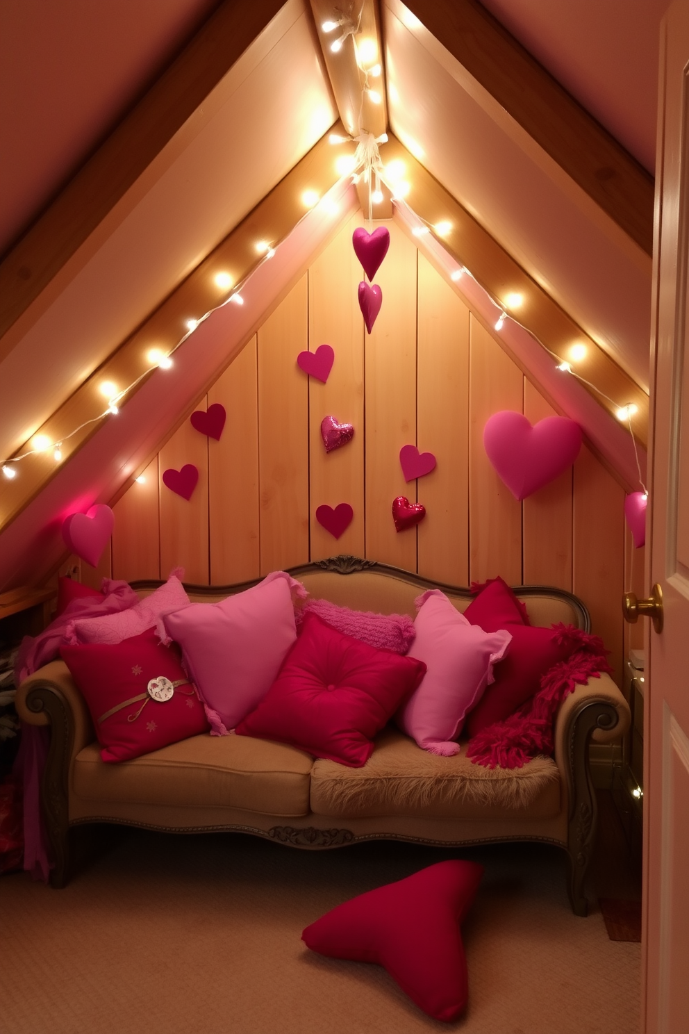 A cozy attic space adorned for Valentine's Day, featuring a plush seating area with an assortment of pink and red throw pillows scattered across a vintage sofa. Soft fairy lights drape along the exposed wooden beams, creating a warm and inviting atmosphere, while heart-shaped decorations hang from the walls.