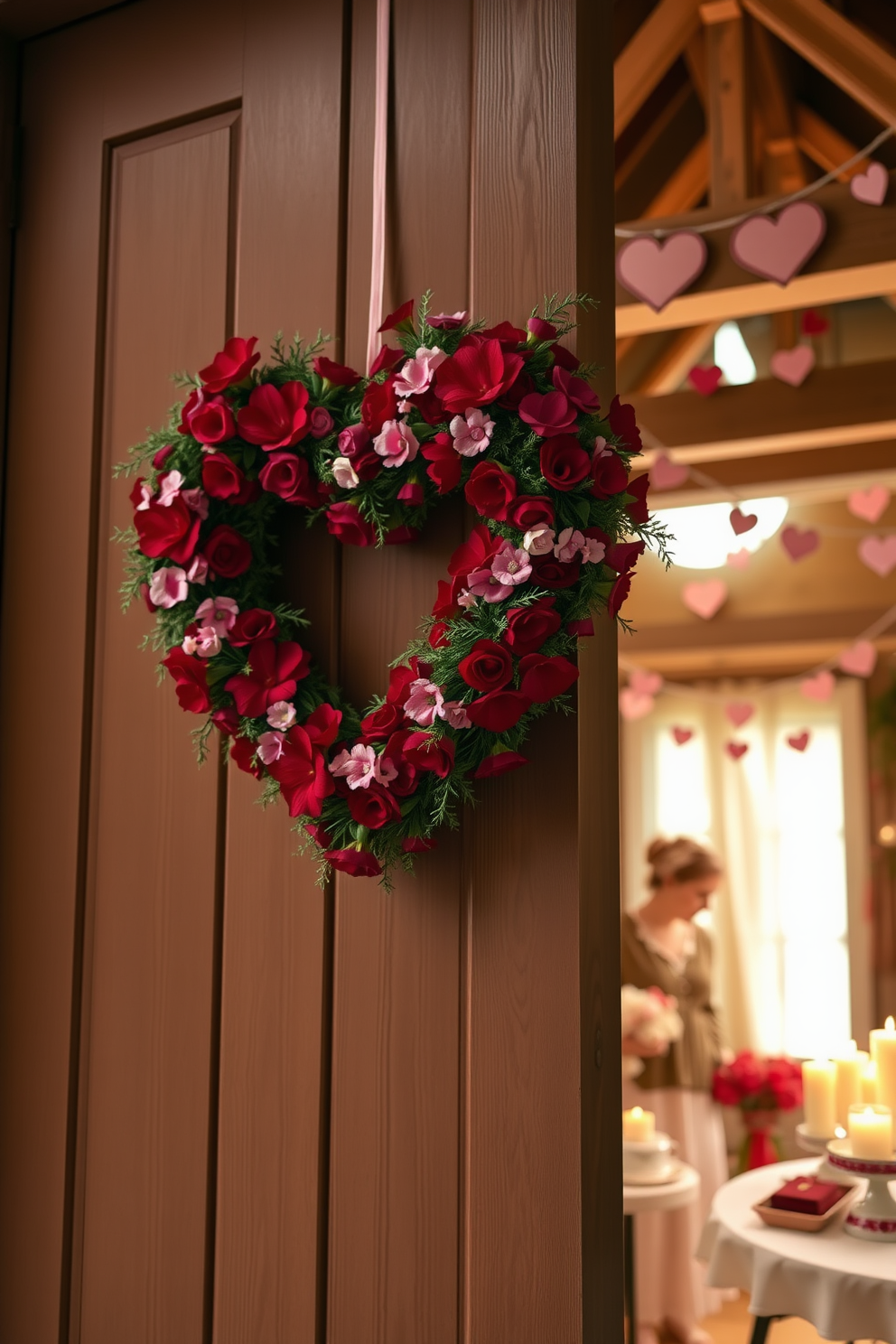 A charming heart-shaped wreath adorns the front door, crafted from lush red and pink flowers intertwined with delicate greenery. The warm welcome is enhanced by soft lighting that highlights the wreath's vibrant colors against the rustic wood of the door. Inside the attic, whimsical Valentine's Day decorations create a cozy atmosphere, featuring handmade garlands of hearts strung across the beams. Vintage-inspired accents, such as lace tablecloths and romantic candle arrangements, add to the enchanting ambiance of this intimate space.