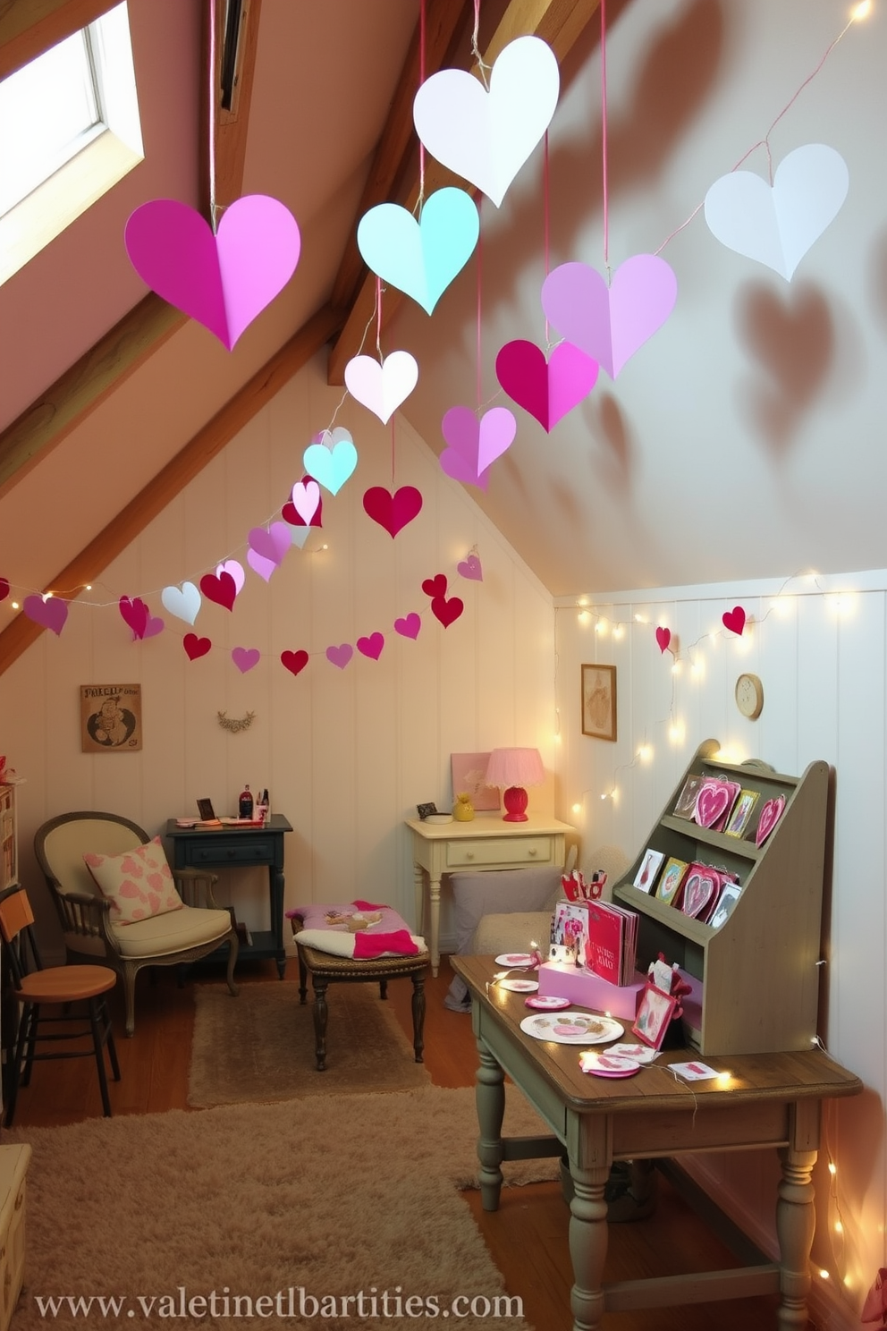 A whimsical attic space adorned for Valentine's Day features colorful DIY paper heart chains draped across the wooden beams. The walls are decorated with soft pastel colors, and a cozy seating area is created with vintage furniture, inviting guests to relax and enjoy the festive atmosphere. In one corner, a charming display of handmade Valentine's Day crafts is set up on a rustic table. The floor is covered with a plush rug, and fairy lights twinkle softly, adding a warm glow to the romantic setting.