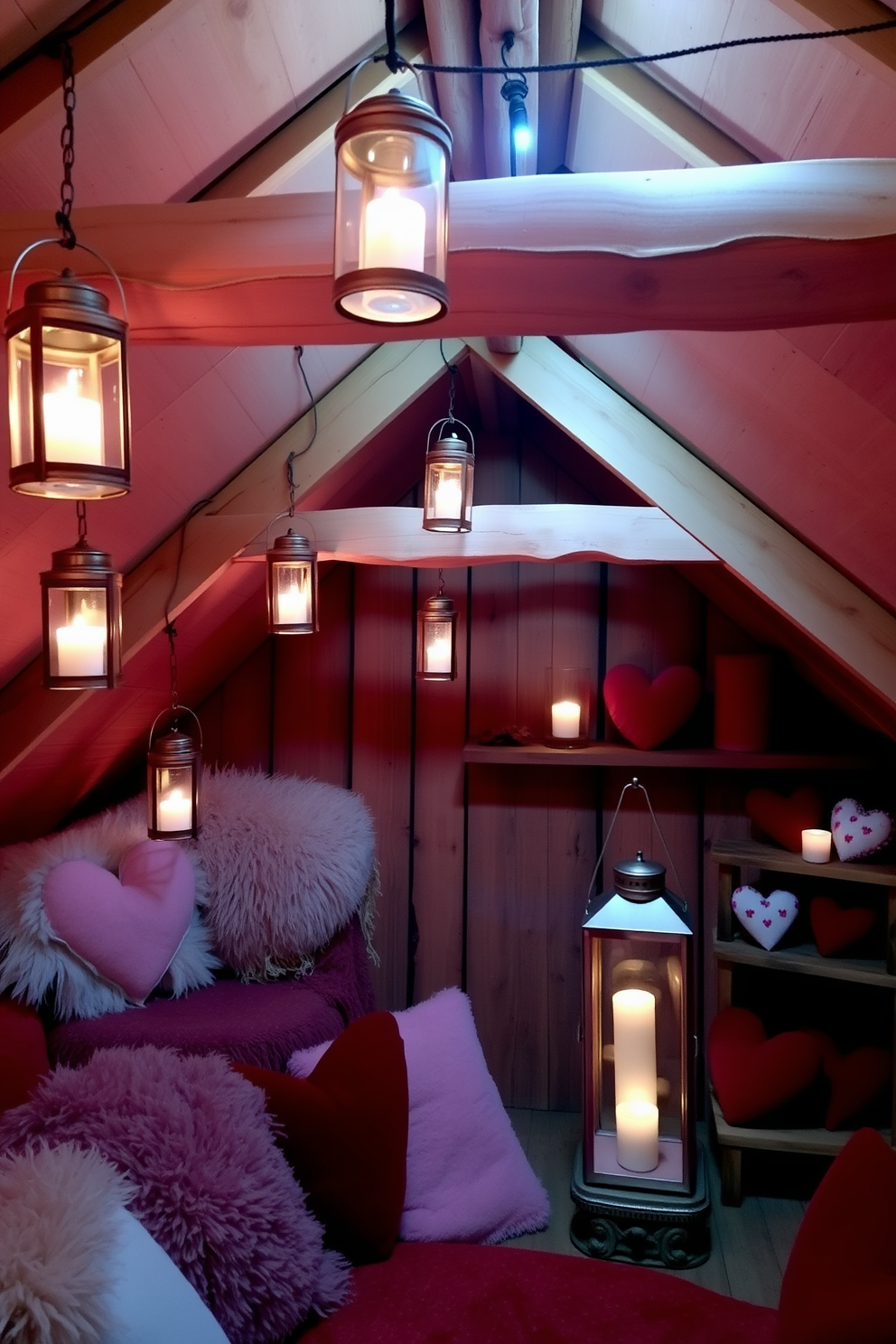 A cozy attic space adorned with romantic candlelit lanterns hanging from the beams, casting a warm glow throughout the room. Soft, plush textiles in shades of red and pink create an inviting atmosphere, while heart-themed decorations are tastefully arranged on rustic shelves.