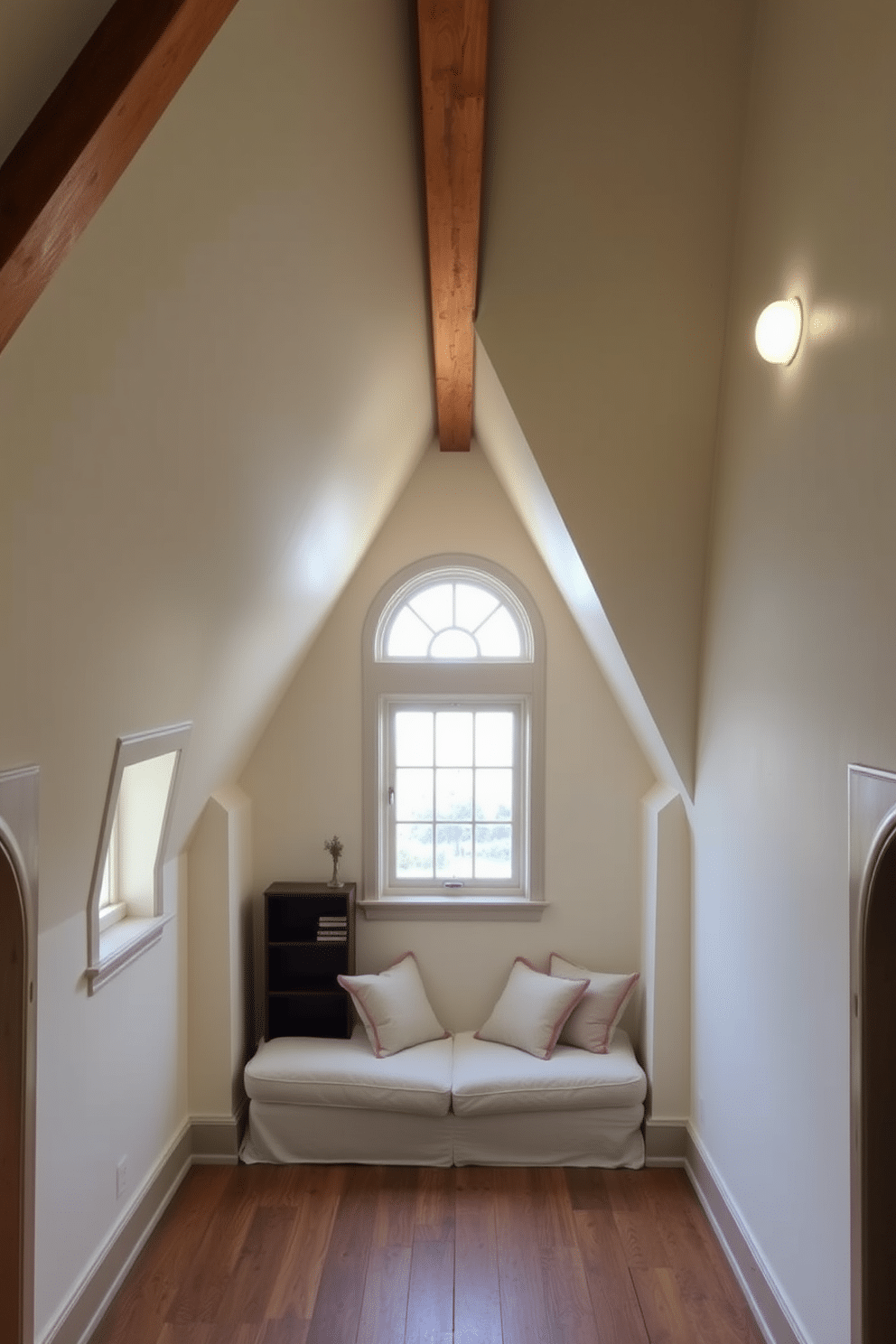 A cozy attic space featuring arched windows that invite natural light and create a charming ambiance. The walls are painted in a soft pastel hue, complementing the wooden beams that add warmth to the room. Beneath the arched windows, a comfortable reading nook is adorned with plush cushions and a small bookshelf. The floor is finished with a rustic hardwood, enhancing the inviting atmosphere of this serene retreat.