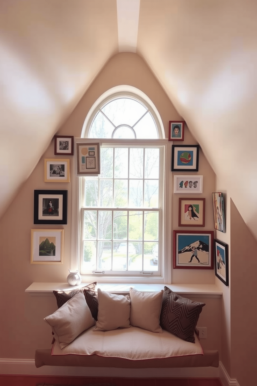 A charming attic space features a large, arched window that floods the room with natural light. Framed artwork in various styles and sizes adorns the walls around the window, creating a vibrant gallery effect that enhances the cozy atmosphere. The window seat below is adorned with plush cushions, inviting relaxation while enjoying the view. Soft, neutral tones on the walls complement the colorful artwork, making the space feel both warm and inviting.