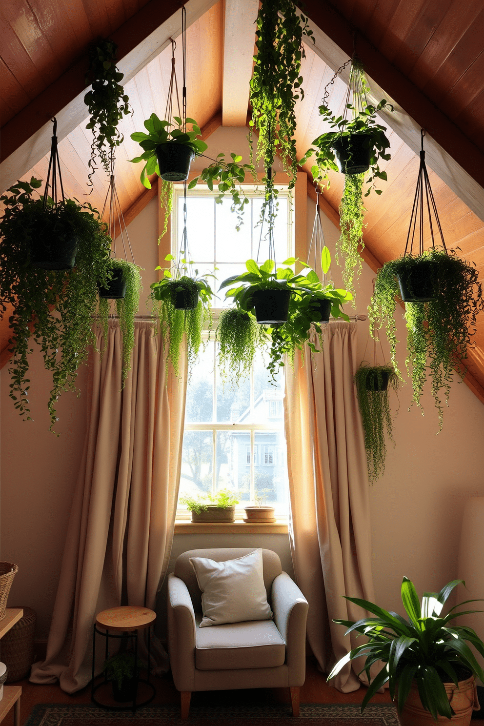 A cozy attic space filled with natural light, featuring a large window framed by soft, flowing curtains. Below the window, a comfortable reading nook is created with a plush armchair and a small side table, surrounded by an array of hanging plants that bring a fresh touch to the room. The hanging plants are varied in size and type, cascading beautifully from the ceiling and adding a vibrant green contrast to the warm wooden beams. The overall design is inviting and serene, perfect for relaxation and enjoying the view outside.