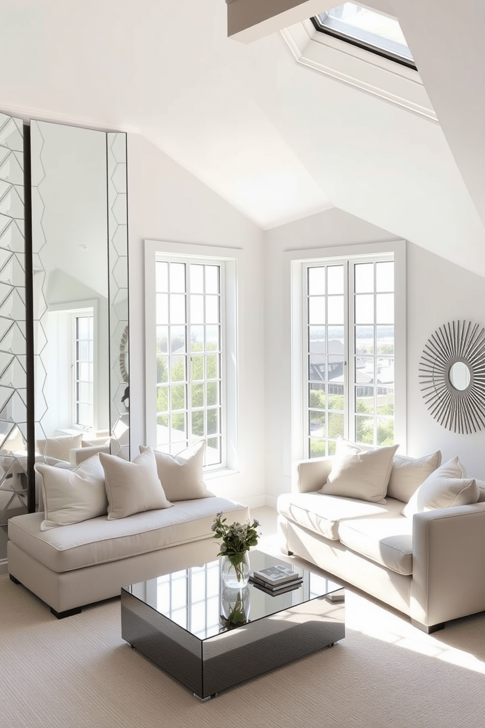 A bright and airy attic space featuring large, strategically placed windows that flood the room with natural light. The design incorporates mirrored accents throughout, including a stylish mirrored coffee table and reflective wall decor that enhance the overall brightness and openness of the area. The walls are painted in a soft white hue, complementing the light wood beams that add warmth to the space. Cozy seating arrangements with plush cushions are positioned near the attic windows, creating an inviting nook perfect for relaxation and enjoying the view.