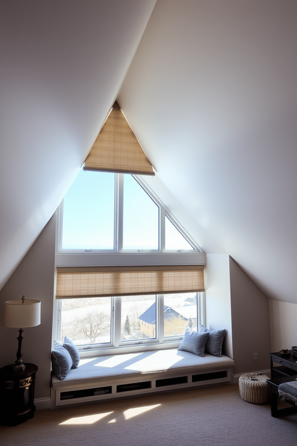 A modern attic space featuring custom blinds that provide optimal privacy control while allowing natural light to filter through. The blinds are elegantly designed in a soft fabric, complementing the sloped ceiling and enhancing the cozy atmosphere of the room. Creative attic window designs that maximize both functionality and aesthetics. Large, strategically placed windows offer stunning views while incorporating built-in seating beneath them, creating a perfect reading nook.