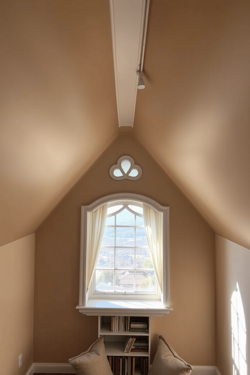 A cozy attic space featuring elegant crown molding that enhances the room's height and sophistication. The walls are painted in a soft, warm color, complementing the natural light streaming through a beautifully designed attic window with intricate trim. The window showcases a stunning view of the surrounding landscape, framed by sheer curtains that allow light to filter gently into the room. Below the window, a comfortable reading nook is created with plush cushions and a small bookshelf, inviting relaxation and tranquility.