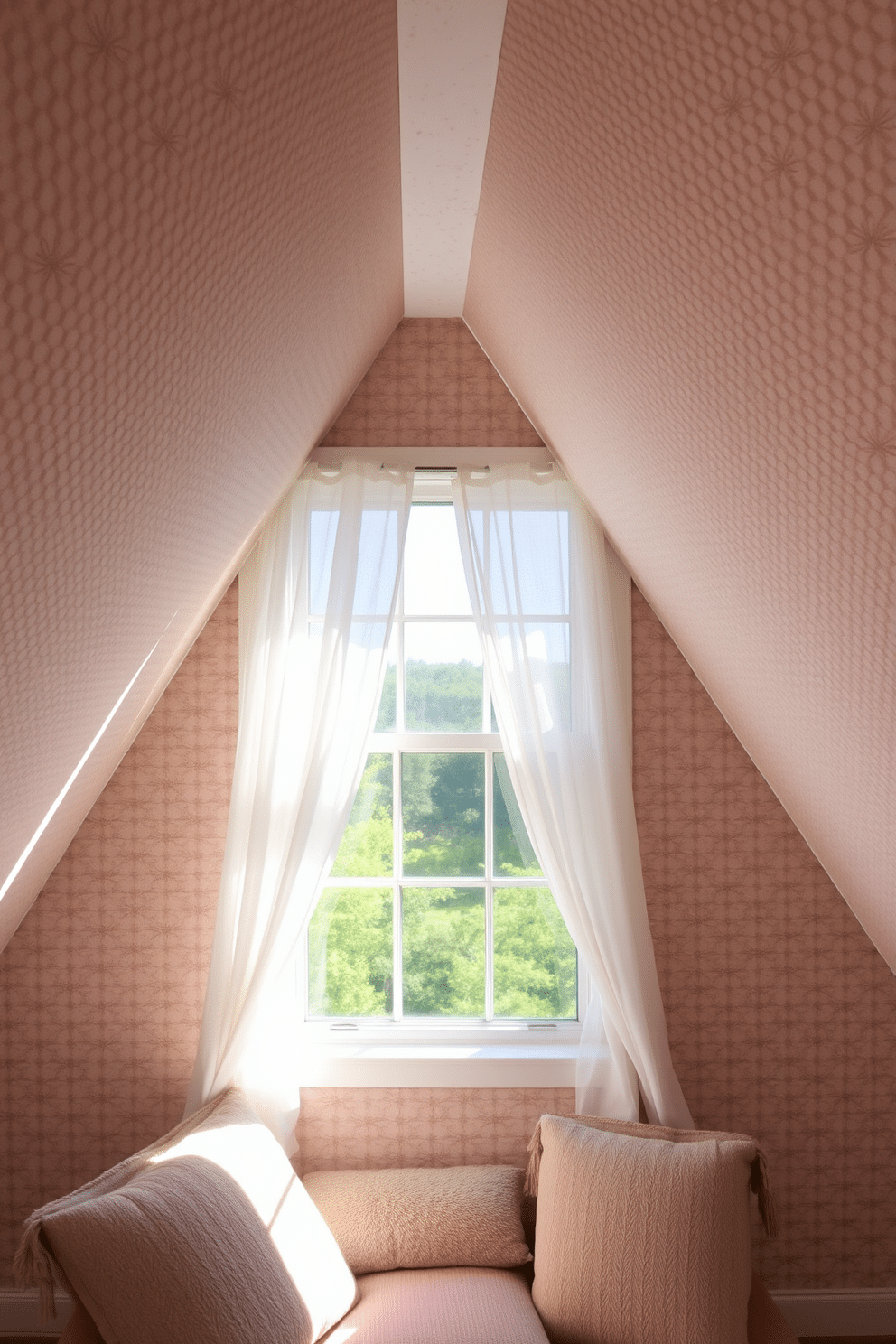 A cozy attic space adorned with textured wallpaper featuring a subtle floral pattern in soft pastel hues. The wallpaper adds visual interest to the sloped ceilings, creating a warm and inviting atmosphere. The attic window is a focal point, framed by sheer white curtains that gently diffuse natural light. Below the window, a comfortable reading nook with plush cushions invites relaxation and enjoyment of the view.