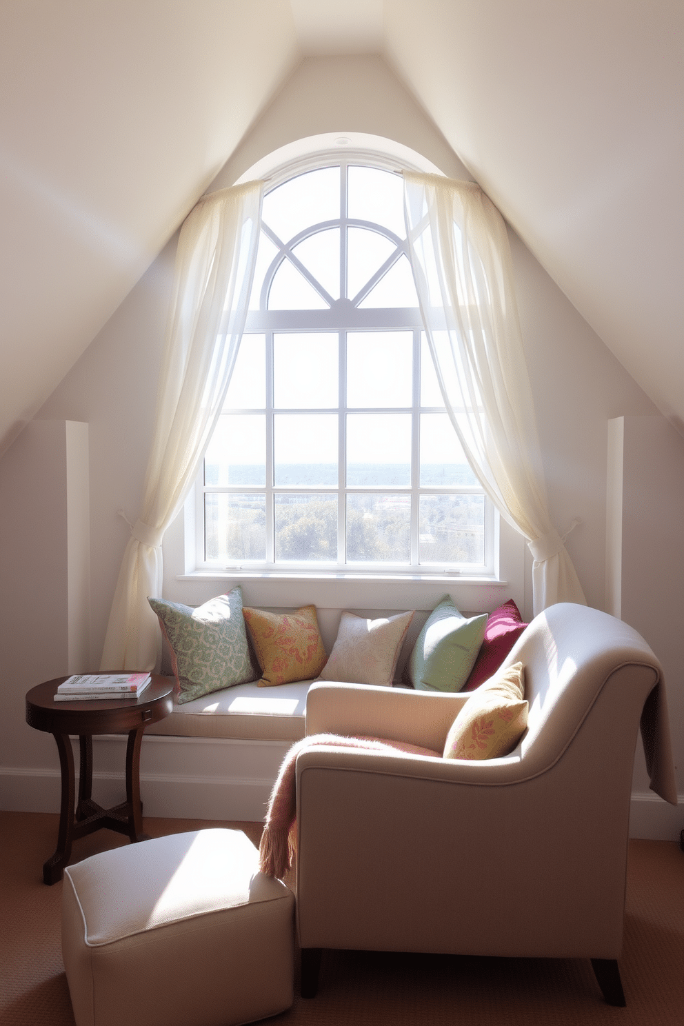 A cozy reading nook under the window features a plush armchair upholstered in soft, neutral fabric, positioned beside a small wooden side table. A warm throw blanket is draped over the armchair, and a stack of books rests on the table, while sunlight streams through the large window, illuminating the space. The attic window design incorporates a charming, arched window that allows natural light to flood the room, creating a bright and airy atmosphere. Soft, sheer curtains frame the window, and a built-in bench beneath it is adorned with colorful cushions, making it an inviting spot to relax and enjoy the view.