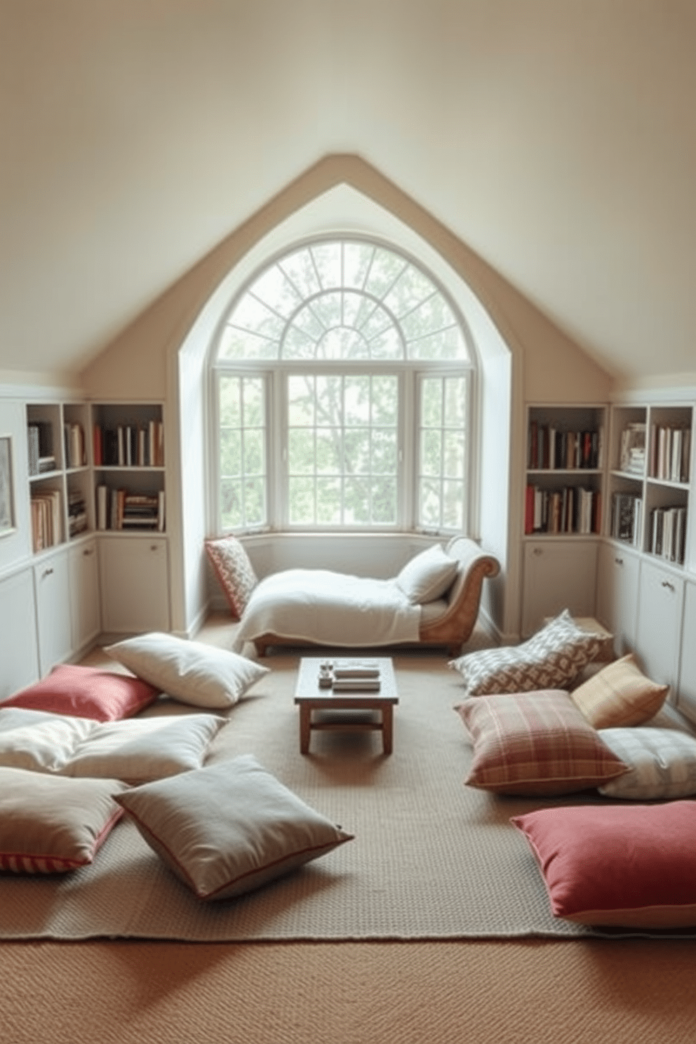 A cozy seating area with floor cushions in various colors and patterns, arranged around a low wooden table. The cushions are plush and inviting, set against a backdrop of soft, neutral walls and a warm, textured rug. An attic space transformed into a serene reading nook, featuring a large, arched window that allows natural light to flood in. The design includes built-in bookshelves along the slanted walls, with a comfortable chaise lounge positioned beneath the window for optimal relaxation.